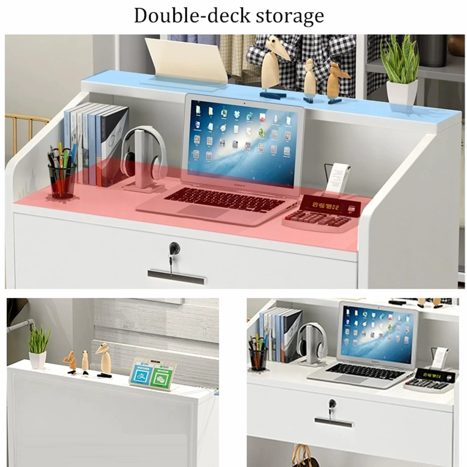 Banco reception con cassetti, reception tavolo bancone, Bancone vendita, per ufficio, sale aziendali, hotel, negozi di abbigliamento, pasticcerie, frutterie, bianco, MDF 60x40x92cm