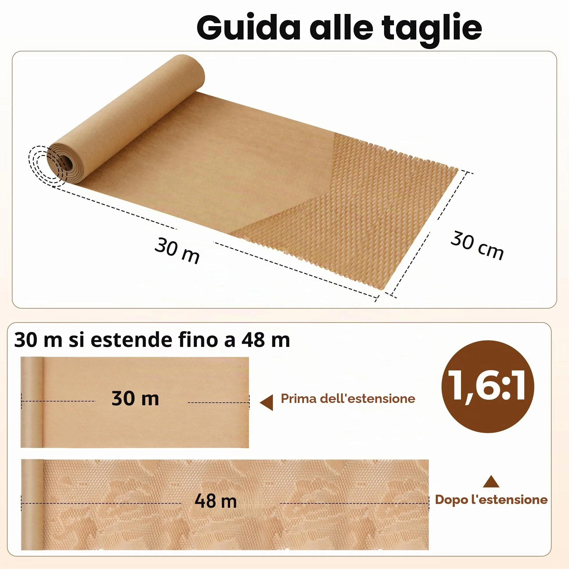 Tera Carta a nido d'ape Kraft 30 cm × 30 m 80 gsm 1,6× estensibile ecologica riciclabile biodegradabile
