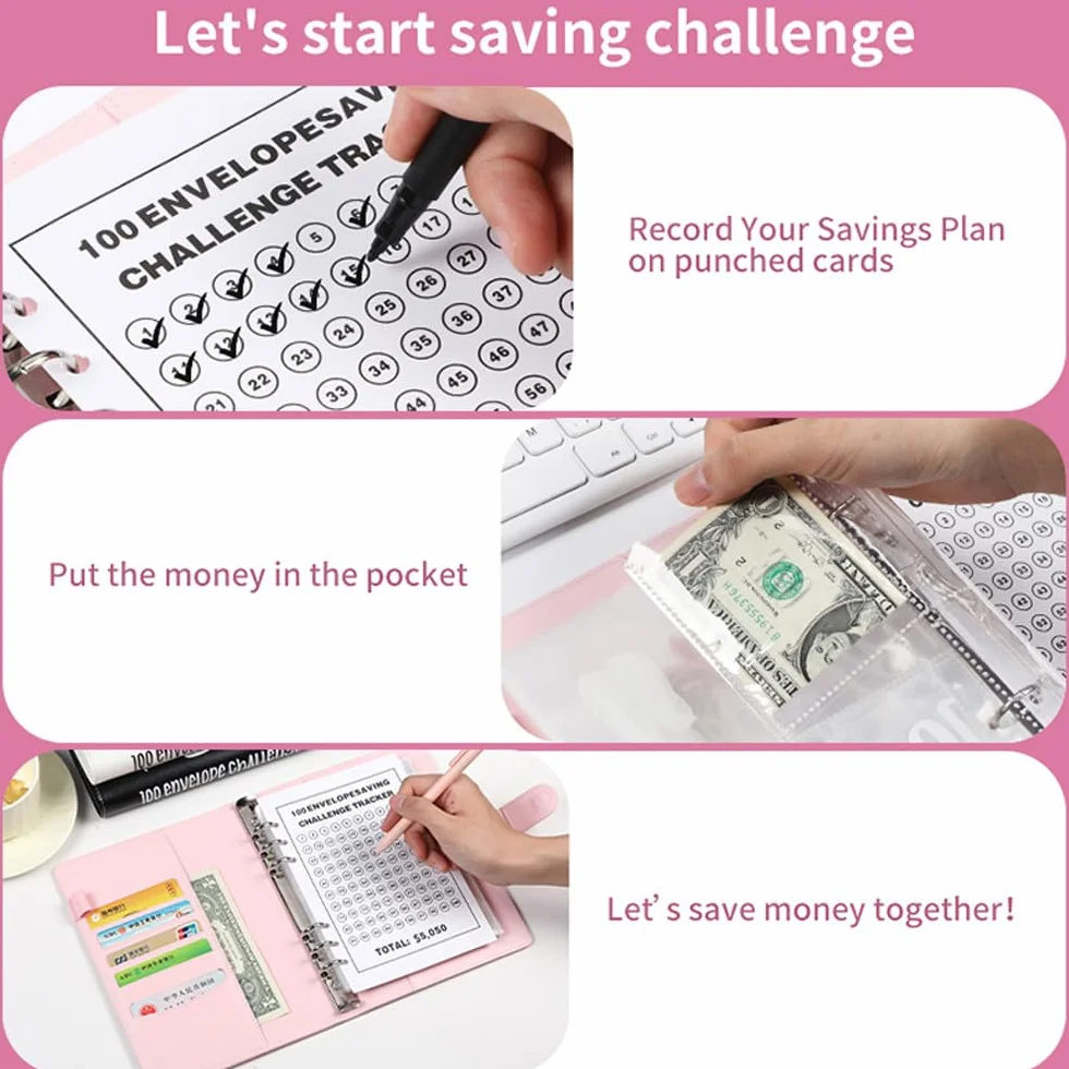 Libro del risparmio A5, 100 Envelope Savings Challenge, Challenge del risparmio, Agenda risparmio soldi con buste, 5050€ (Rosa)