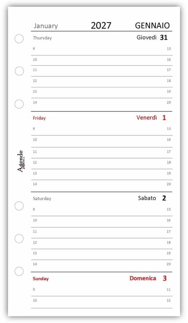 Agenda Organizer Settimanale 2027 Bilingue Bianco 9,5x17cm 90gr 2 Pagine per Settimana
