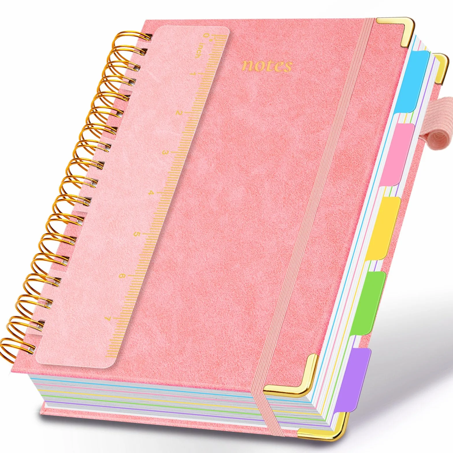 Taccuino a spirale con copertina rigida, 15,7 x 20,8 cm, con linguette e divisori rimovibili, 300 pagine, 5 soggetti, a righe, in ecopelle, per donne, scuola, lavoro (rosa)