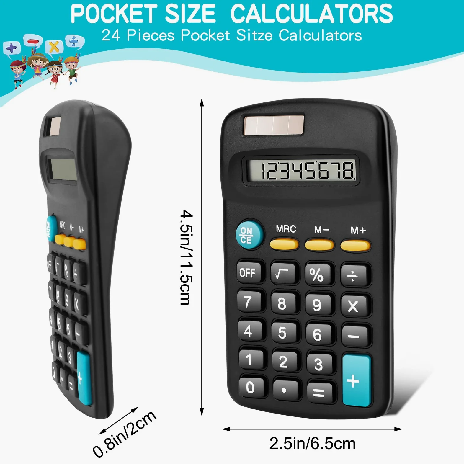 Confezione da 24 calcolatrici portatili di base, display a 8 cifre, alimentate a energia solare e a batteria, formato tascabile, ideali per ufficio, scuola e casa