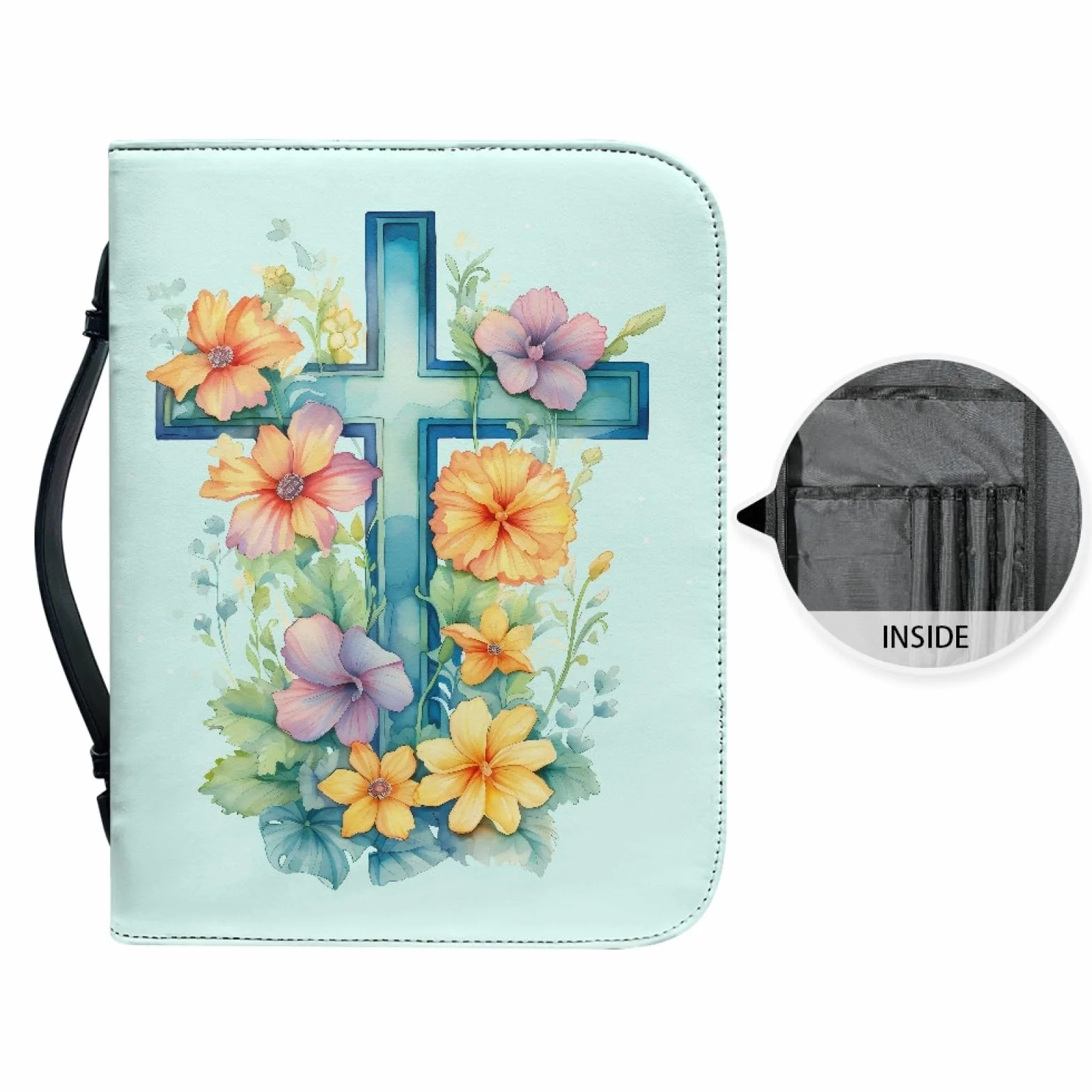 Personalizzata Custodia Bibbia in Pelle con Cerniera Grande Borsa Biblica Donna Uomo Fiore Crocifisso Azzurro L