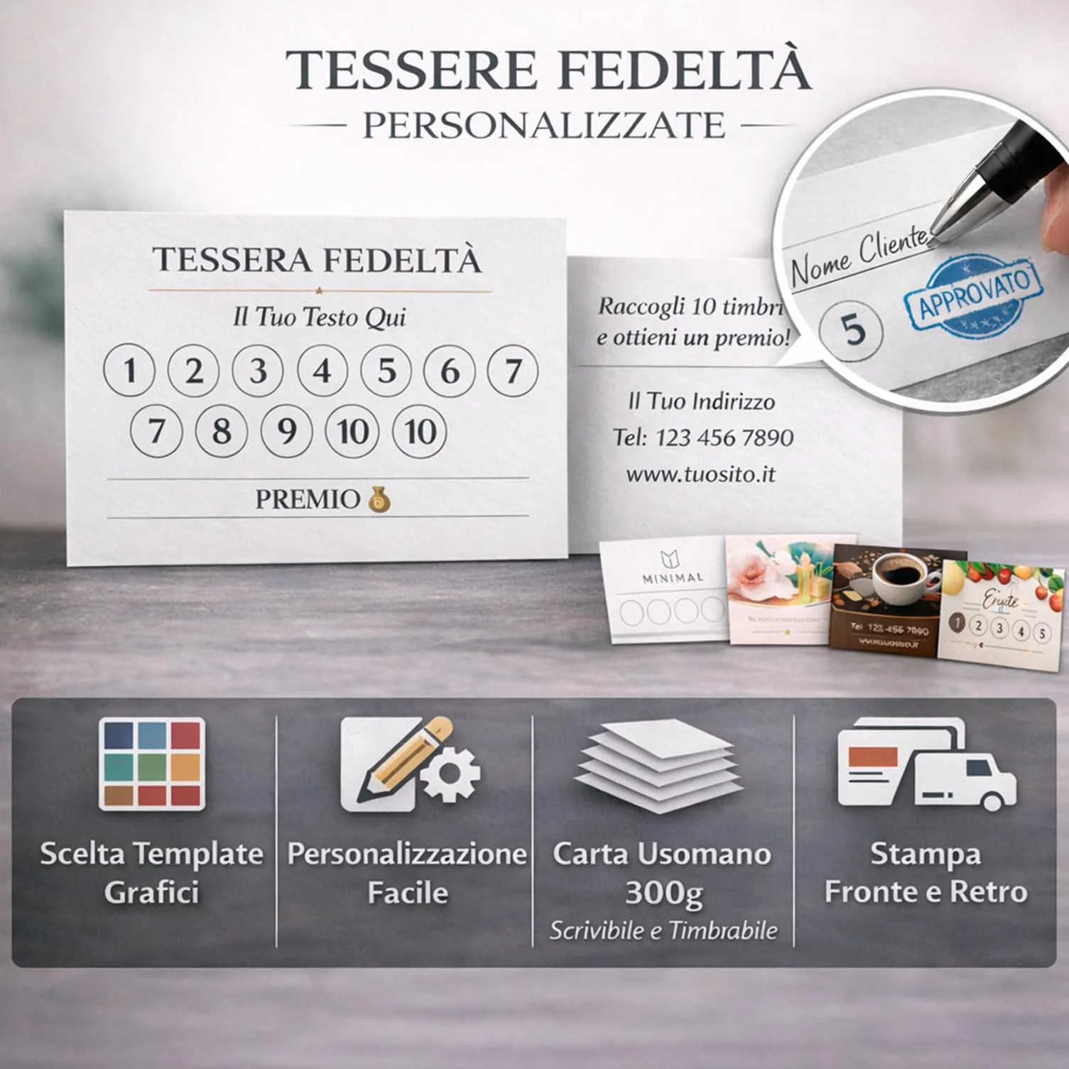 Tessere Fedeltà Personalizzate 8,5x5,5 cm Cartoncino Premium Stampa Fronte Retro 100 Pezzi