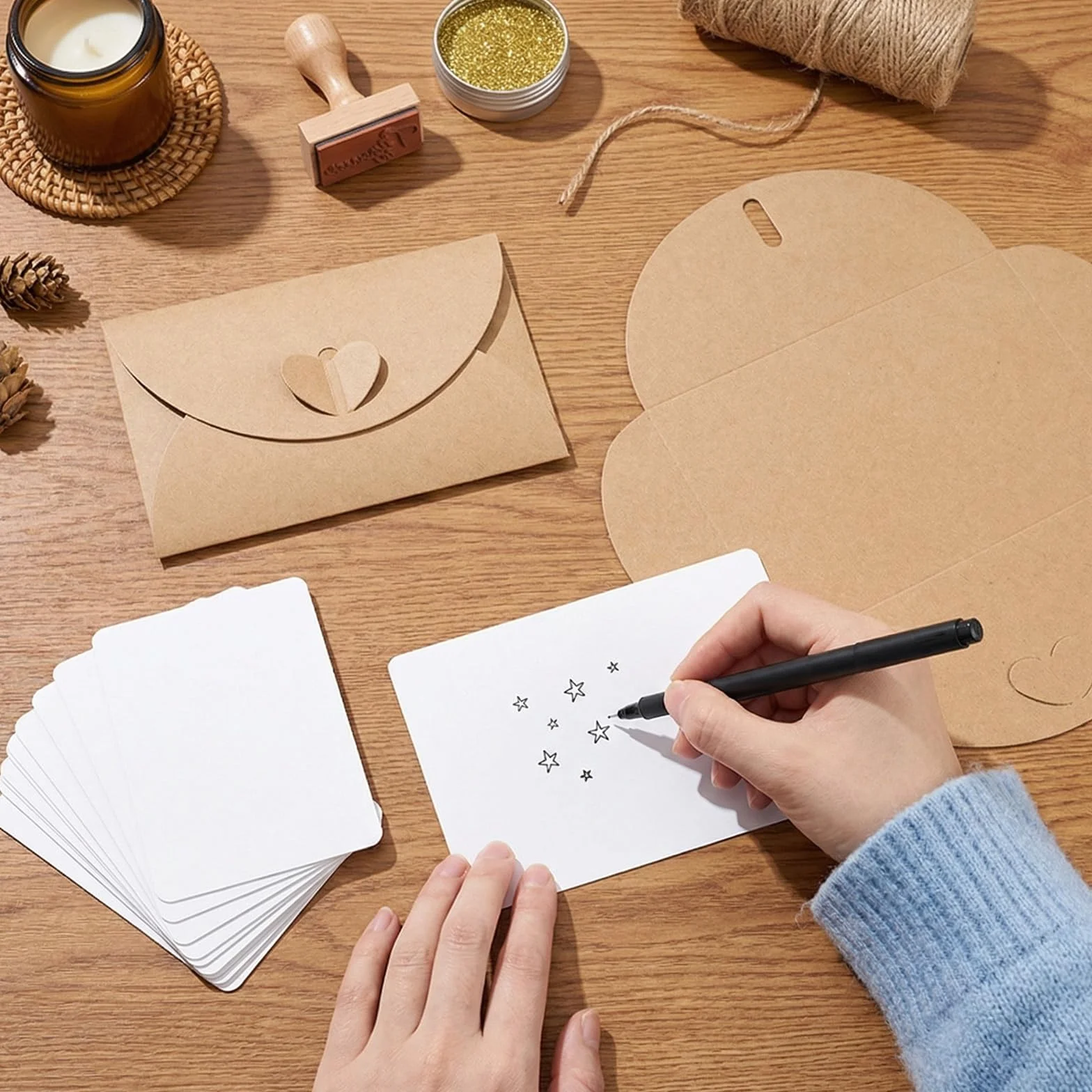 Buste Kraft Mini Con Chiusura Cuore e Cartoncini Bianchi Vintage Per Biglietti Regalo Feste Natale Compleanno