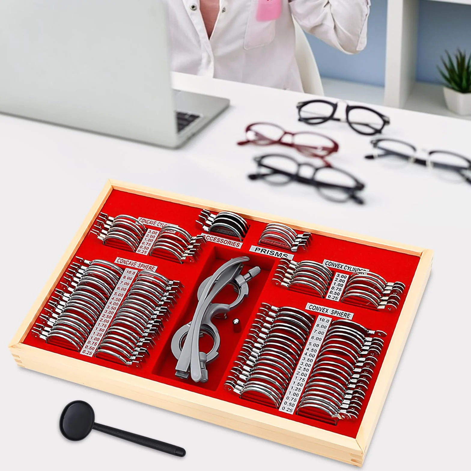 Trial Lens - Set di lenti di prova, 104 pezzi, lenti con occhiali di prova, in metallo, ottometria, lenti di prova, lenti ottiche, con telaio ottometrico e valigetta ottometrica