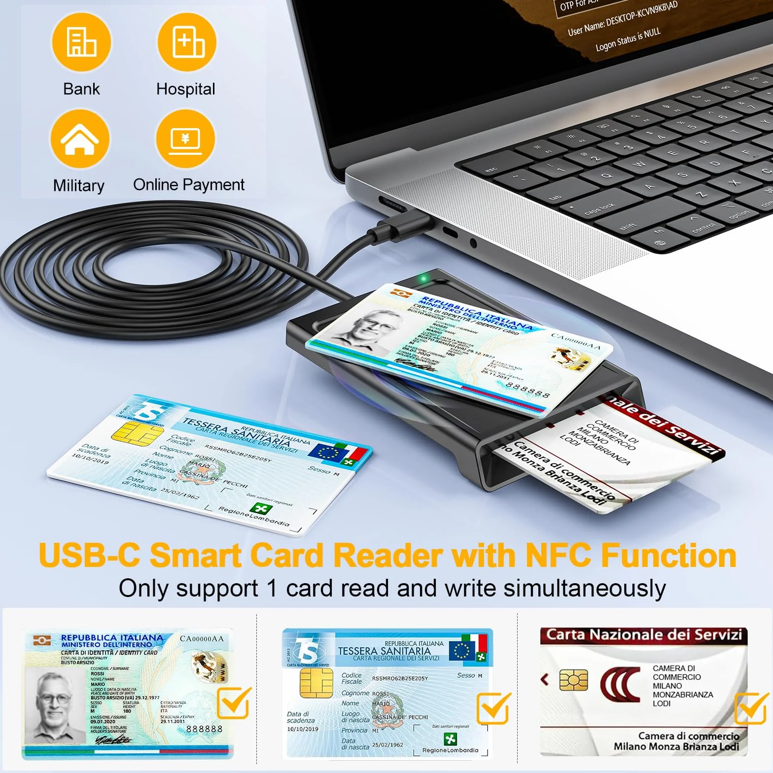USB C Lettore CIE 3.0 Carta d'identità Elettronica e Tessera Sanitaria Italiana,Lettore Smart Card Firma Digitale Lettore Smart contatto e contactless CIE/CRS/CNS,Lettore NFC per Windows 10 11 Linux