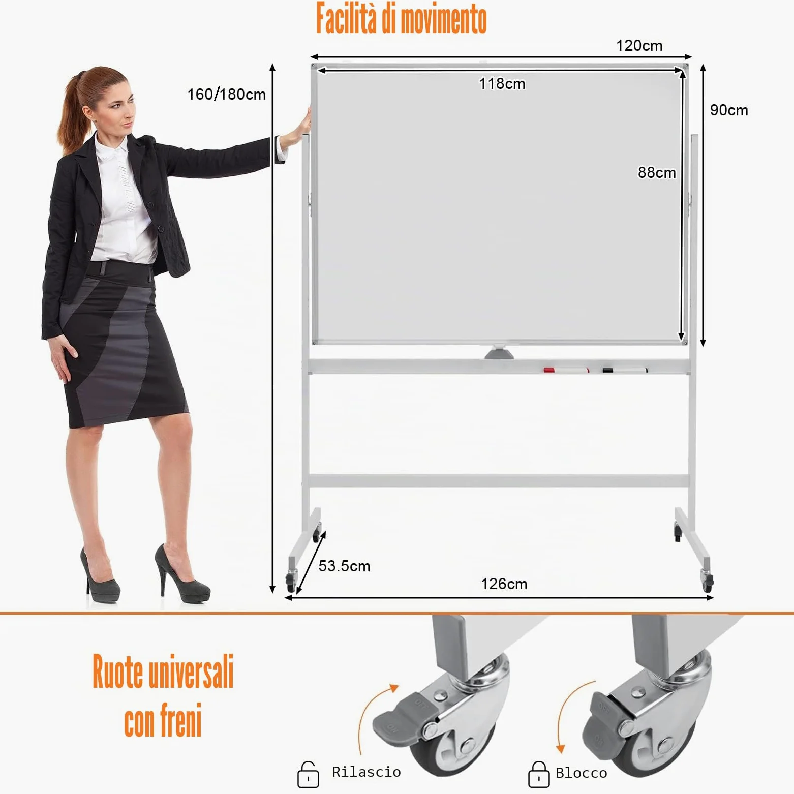 GIANTEX Lavagna Bianca Mobile con Supporto, 120 x 90 cm, Lavagna Magnetica Double Face, Regolabile in Altezza e Girevole a 360° (Bianco)