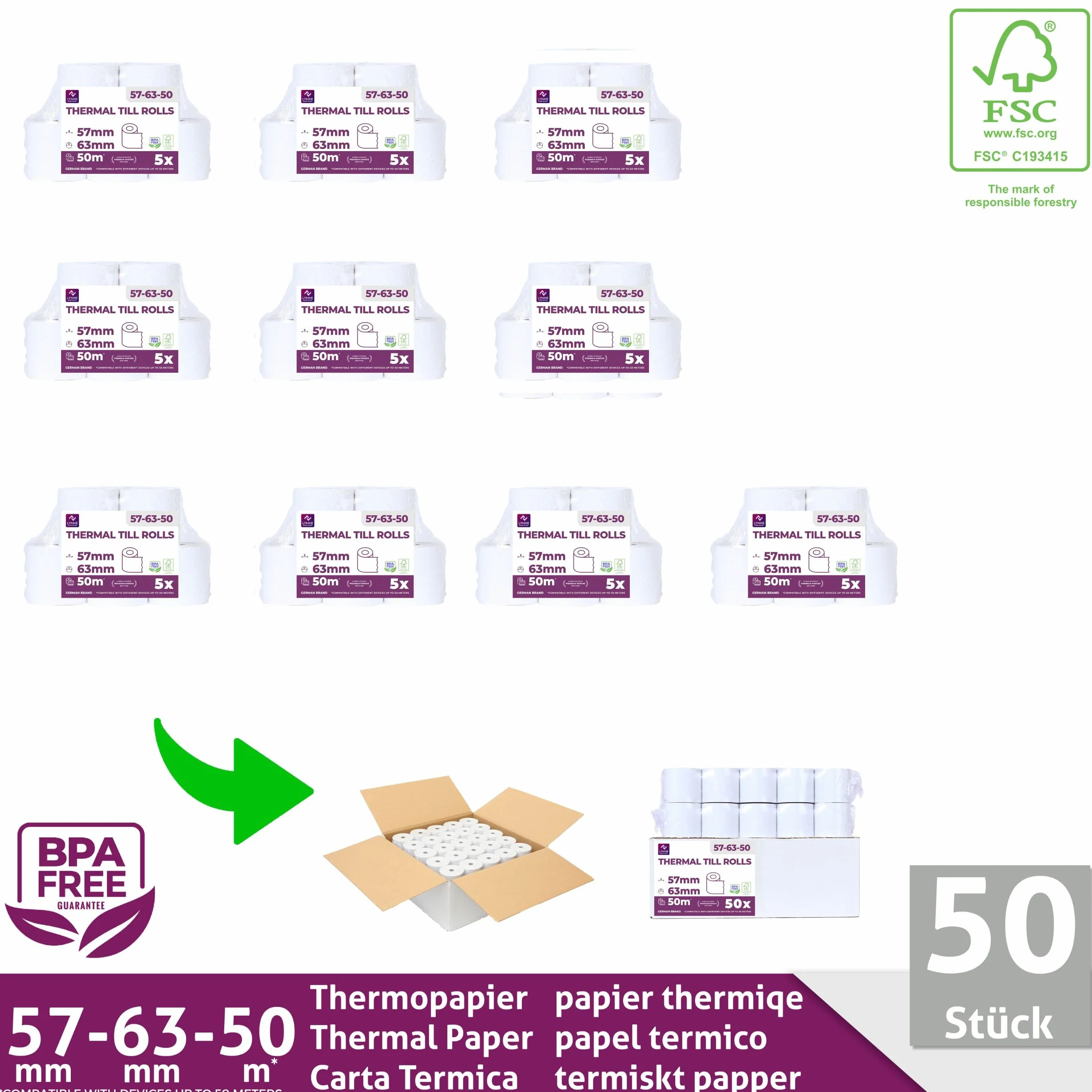 Rotoli termici 57 mm x 63 mm x 12 mm – Rotoli per registratori di cassa con stampante – Carta termica per sistemi di cassa – Senza BPA (57 – 58 x 63 x 12) (50 rotoli)