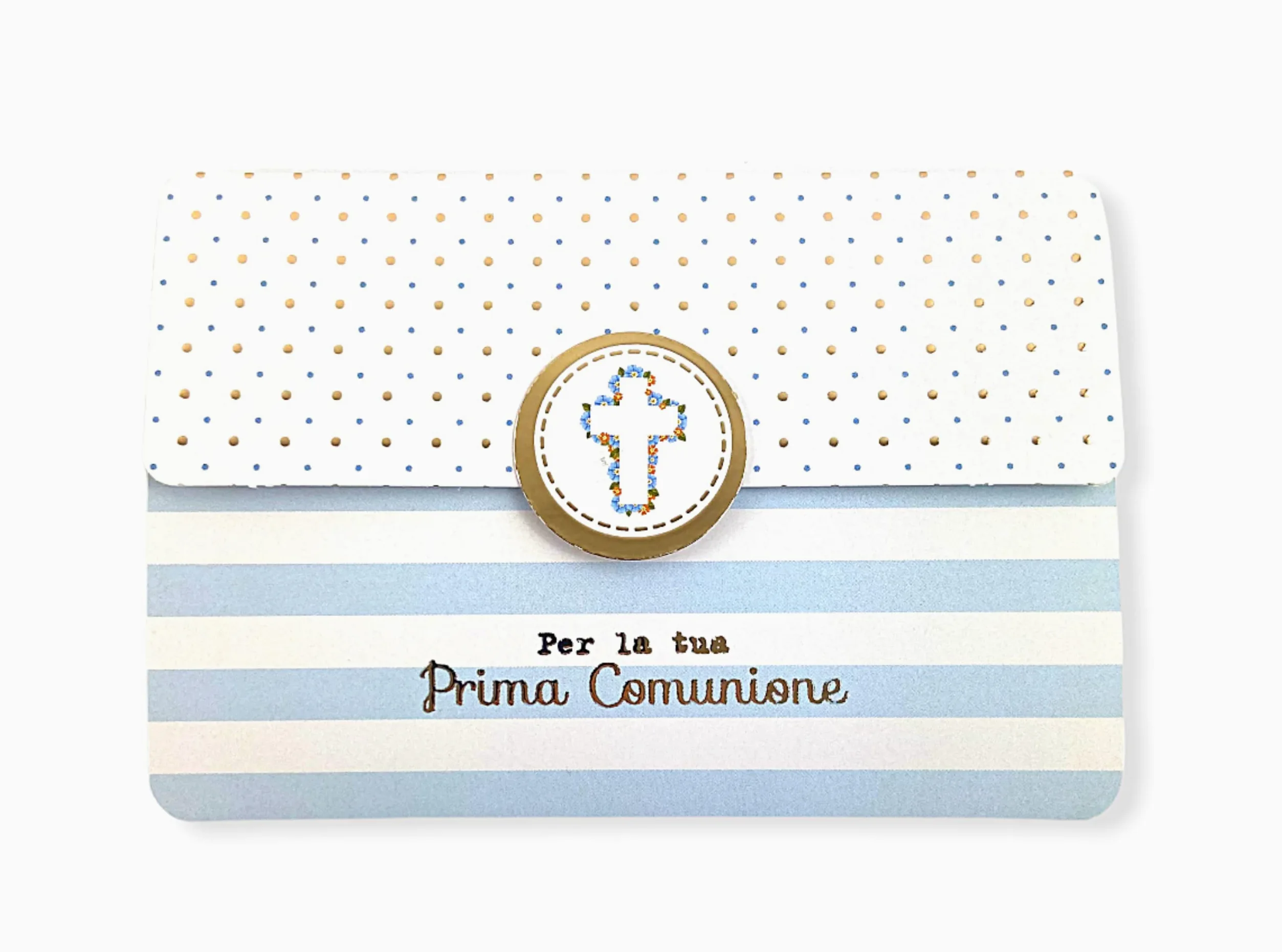 LINA OFFICINE GRAFICHE CREATIVE 56-560 Biglietto Auguri Comunione Bambino Portasoldi – Chiusura Magnetica, 11.50 x 16.50 cm, Comunione Strisce Azzurre