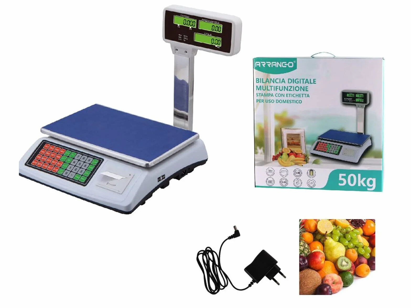 BILANCIA 50KG 5GR CON BRACCIO STAMPA SCONTRINO 6 DISPLAY 18 MEMORIE ALIMENTAZIONE A RETE E BATTERIA