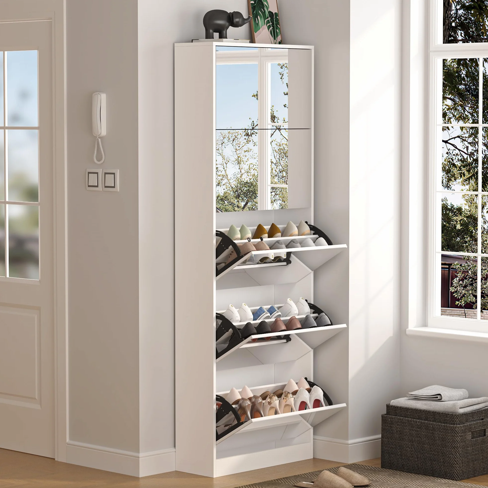 MURUL - Armadietto per scarpe con effetto specchio a 5 cassetti a ribalta, armadio per scarpe a due piani, armadio per scarpe con effetto specchio, ingresso, armadio per scarpe a ribalta indipendente
