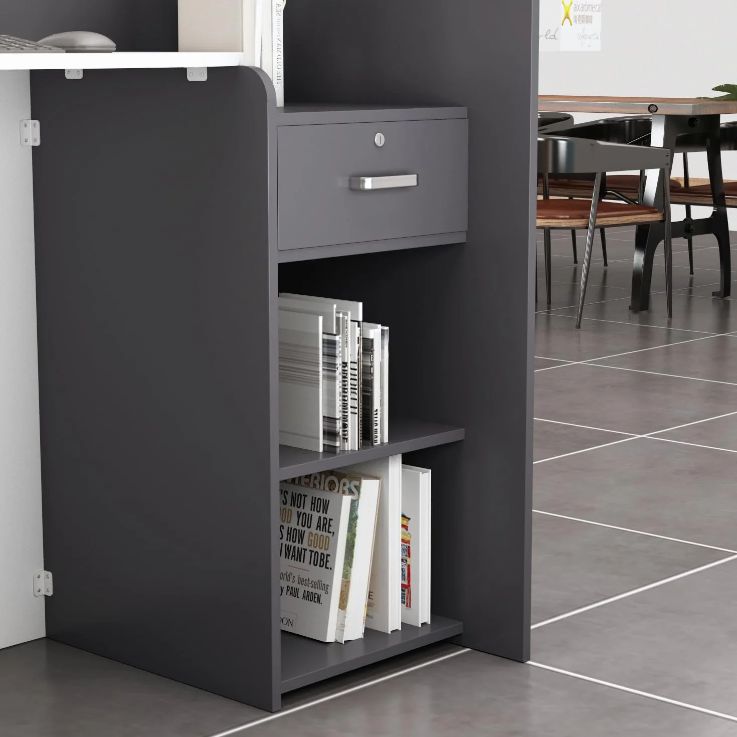 Bancone di reception, Bancone di accoglienza con superficie aperta e 1 cassetto bloccabile, controsoffitto con design Patchwork Nero e Grigio Scuro, MDF, 40 x 121 x 110 cm