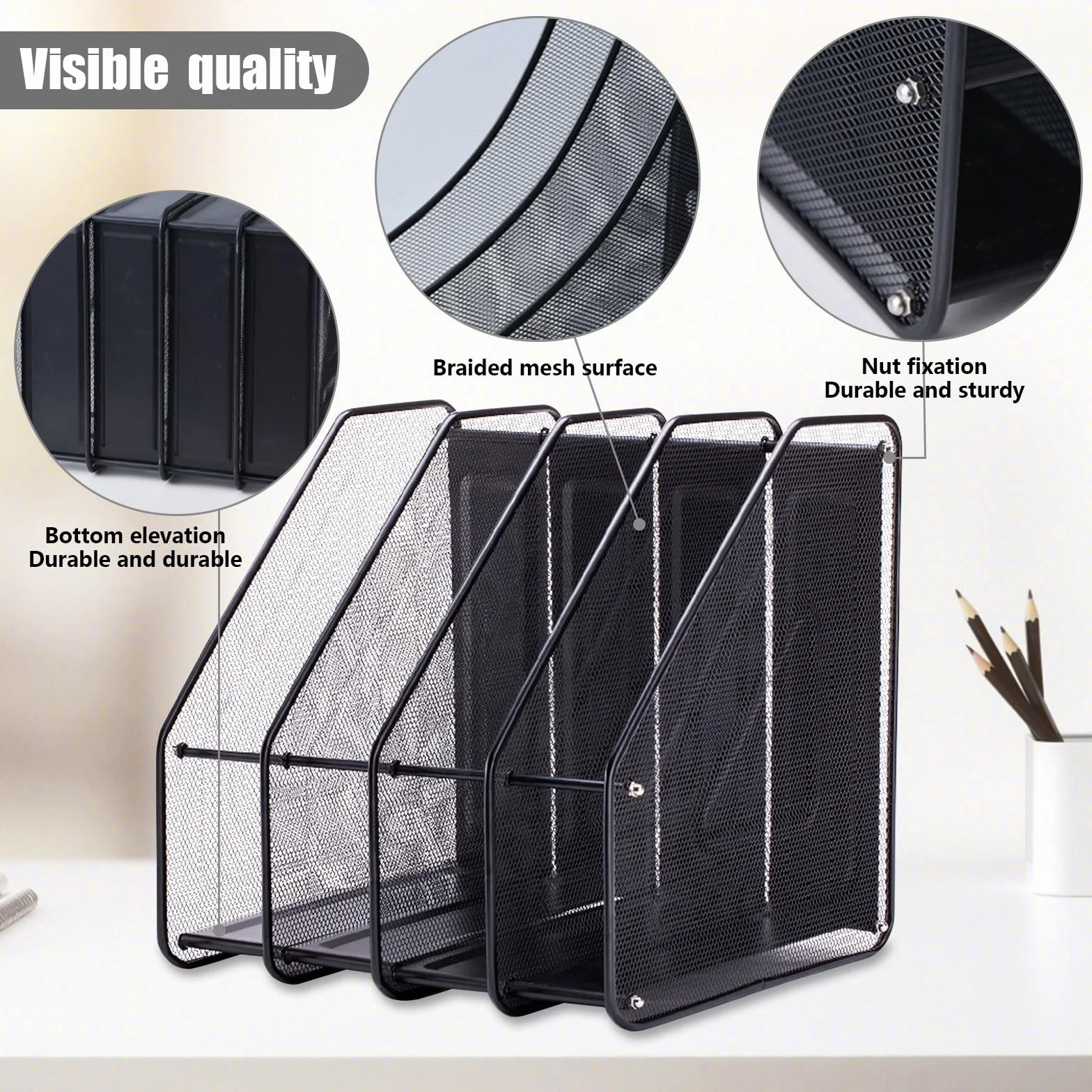 Naapesi Porta riviste da ufficio in metallo a 4 scomparti, organizer per documenti Magazine Holder Rack, organizer per riviste in rete metallica per casa scuola (nero)