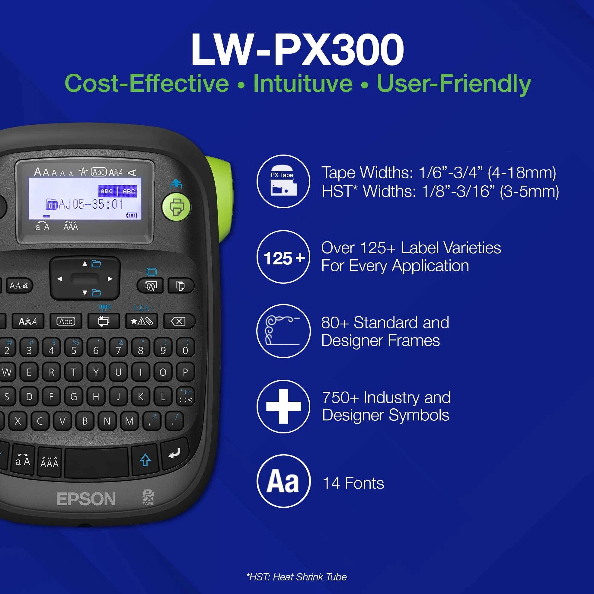 LABELWORKS Epson LW-PX300 Etichettatrice industriale per ufficio, compatibile con adesivi, magneti e tubi termoretraibili, design portatile, etichettatrice e nastro