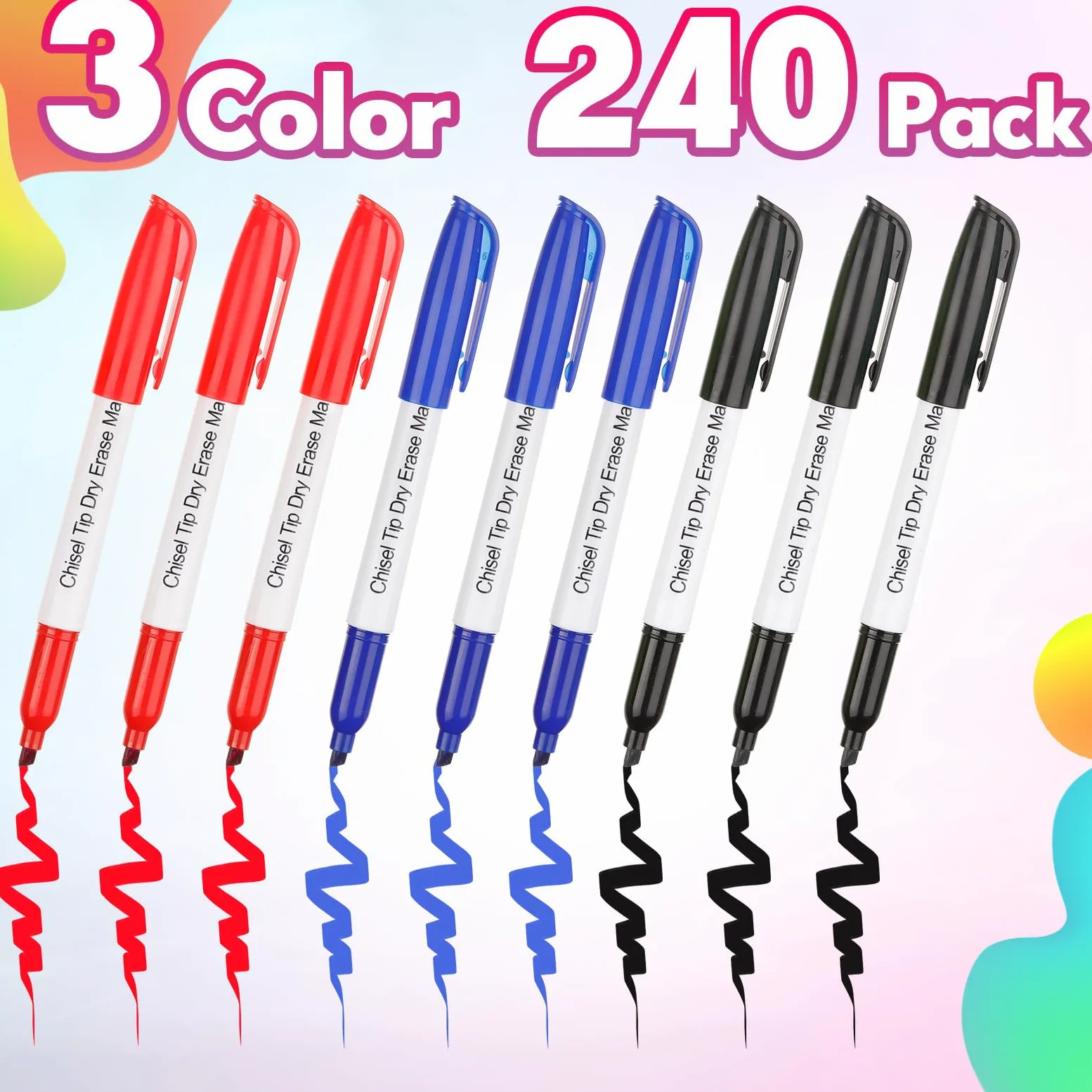 Sepamoon Confezione da 240 pennarelli cancellabili a secco, con punta a scalpello, a basso odore, cancellabili a secco, per scuola, ufficio, casa (nero, blu, rosso)