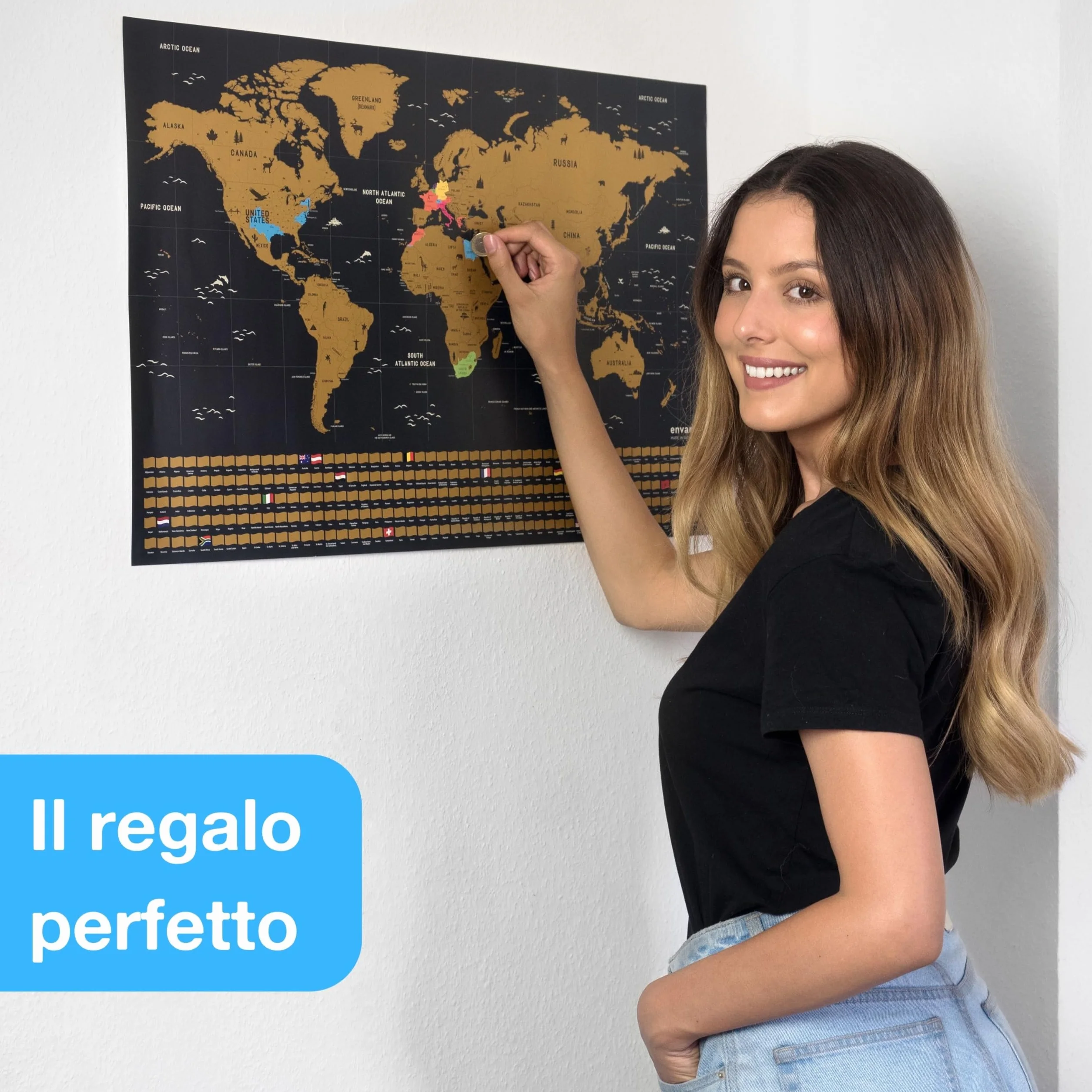 Mappa del Mondo da Grattare 68x43 cm con Bandiere Oro Inglese