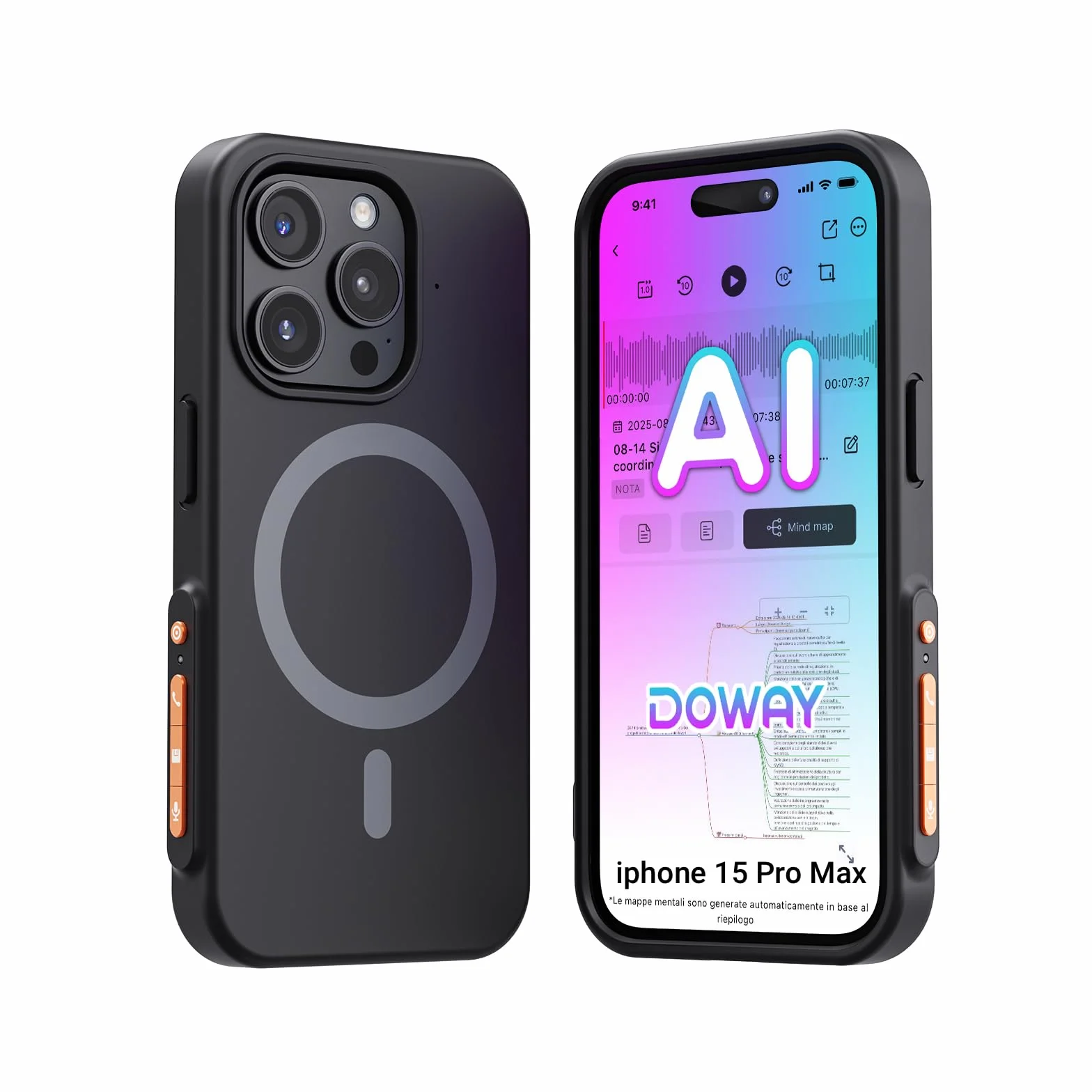 Registratore Vocale AI Custodia per Telefono, Memoria 32GB, Oltre 80+ Lingue, Trascrizione e Riassunto Automatico, Controllo App, per Riunioni/Interviste/Lezioni, Compatibile con iPhone 15promax