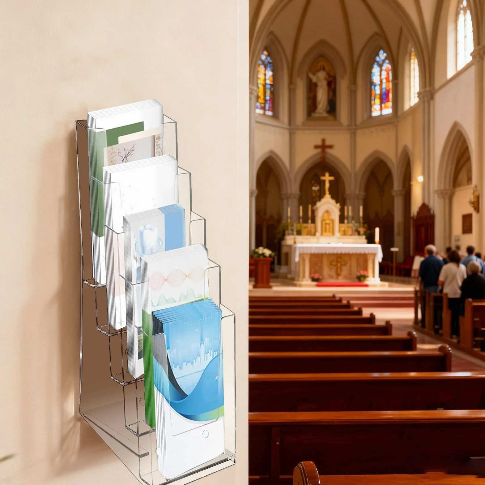 Porta opuscoli – organizer trasparente a 5 ripiani in acrilico – Espositore per brochure | per cartoline, documenti, poster, bancone, tavolo, ufficio, reception, , scuola, biblioteca