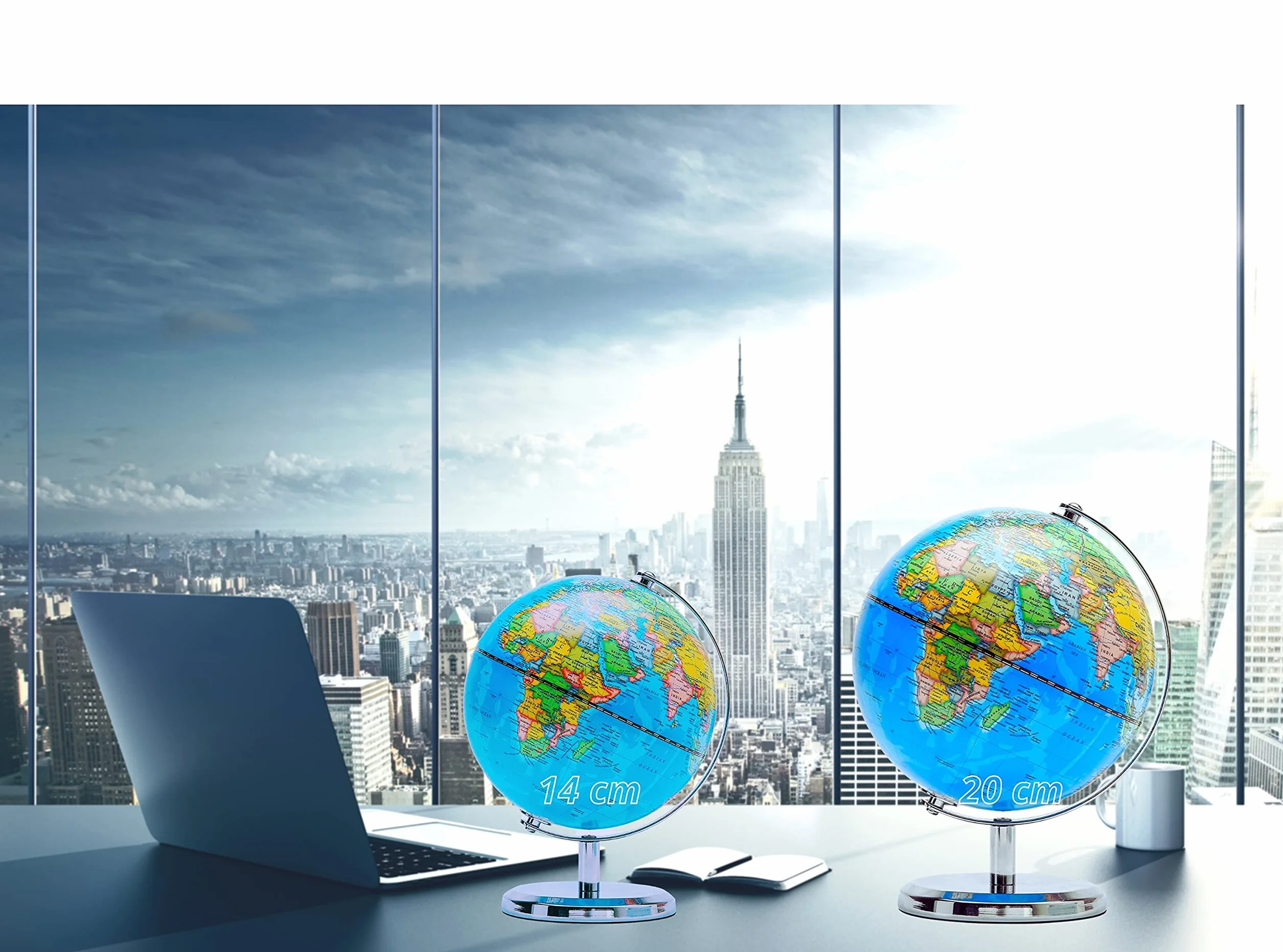 Exerz 20cm Mappamondo - Mappa Inglese - Con Base In Metallo Globo Della Scuola Decorazione/Educazione/Geografica/Moderna - Mappa politica - Diametro 20cm - Blu