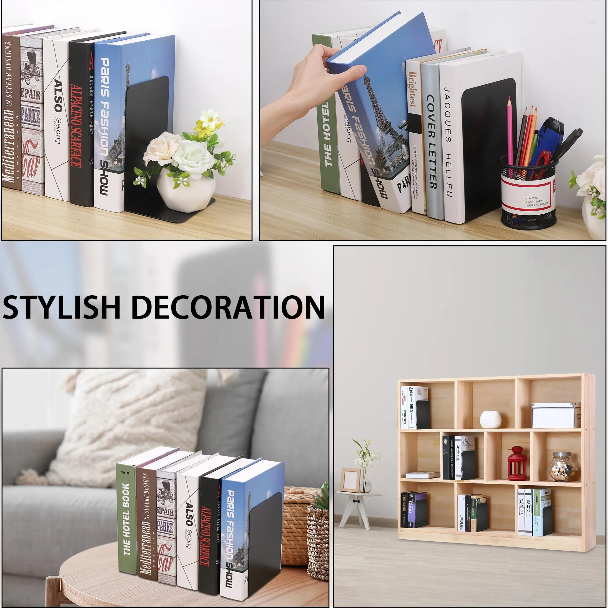 Fermalibri in Metallo Antiscivolo 2 Paia 4 Pezzi 10x13x20 cm per Mensole Ufficio Casa Scuole Nero