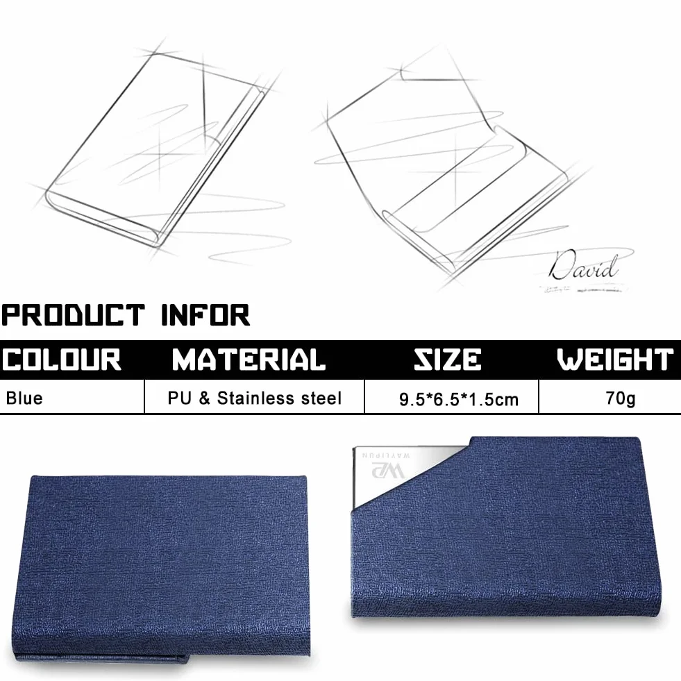 Porta biglietti da visita in pelle PU con fibbia magnetica acciaio inox blu
