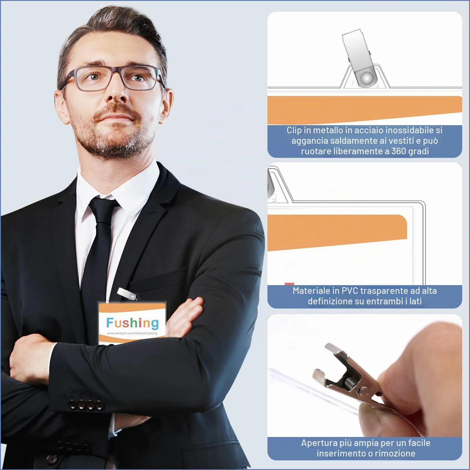 Fushing - Porta badge con clip, 100 pezzi, in plastica trasparente, con clip per badge da 7,6 x 10,2 cm