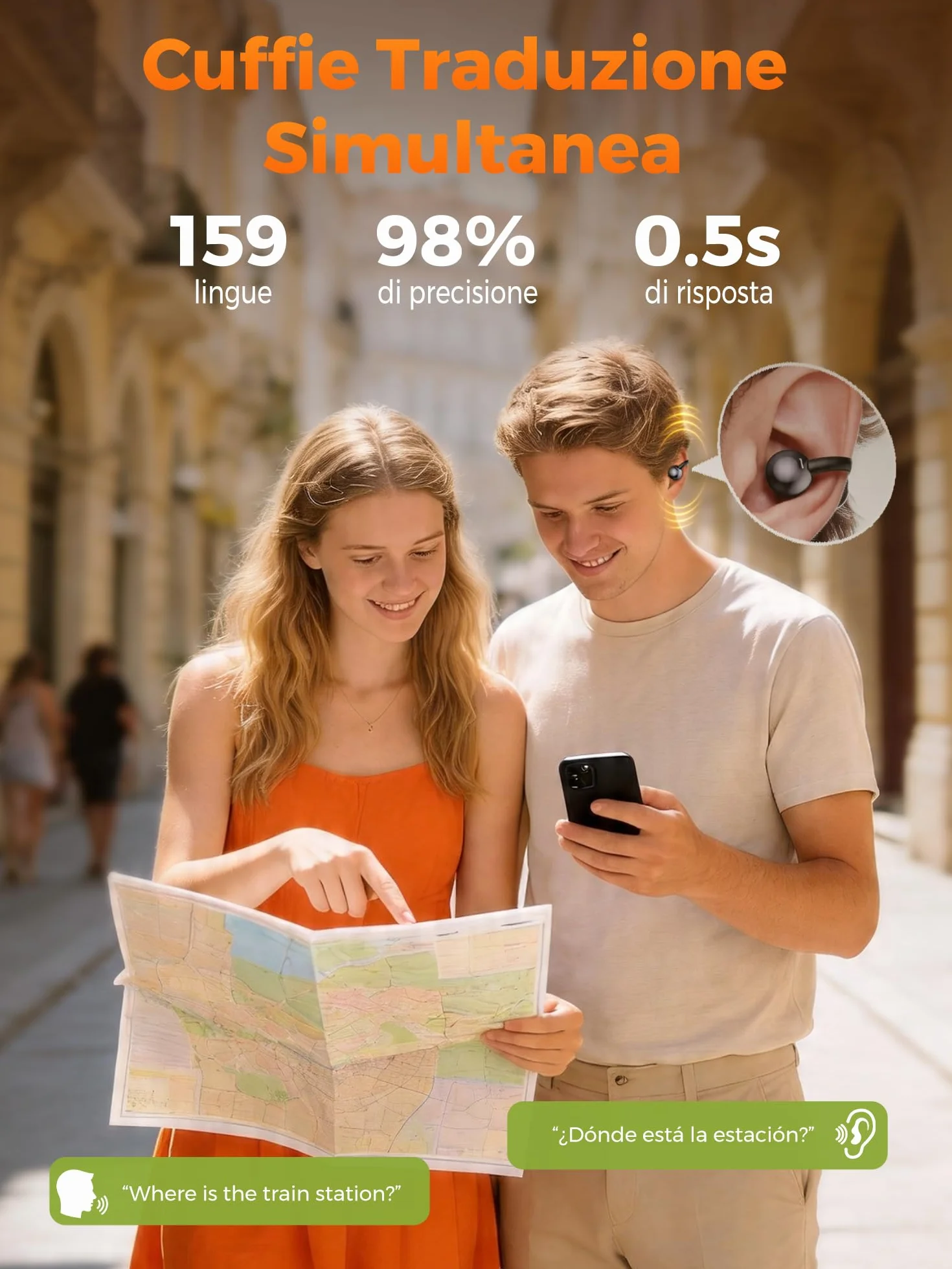 AI Cuffie Traduzione Simultanea Istantanea:3-In-1 Schermo LCD Touch Auricolari Traduttore Simultaneo-30H Autonomia Traduttore Simultaneo Vocale 159 Lingue 7 Modi Di Traduzione Per Viaggi Affari Studio