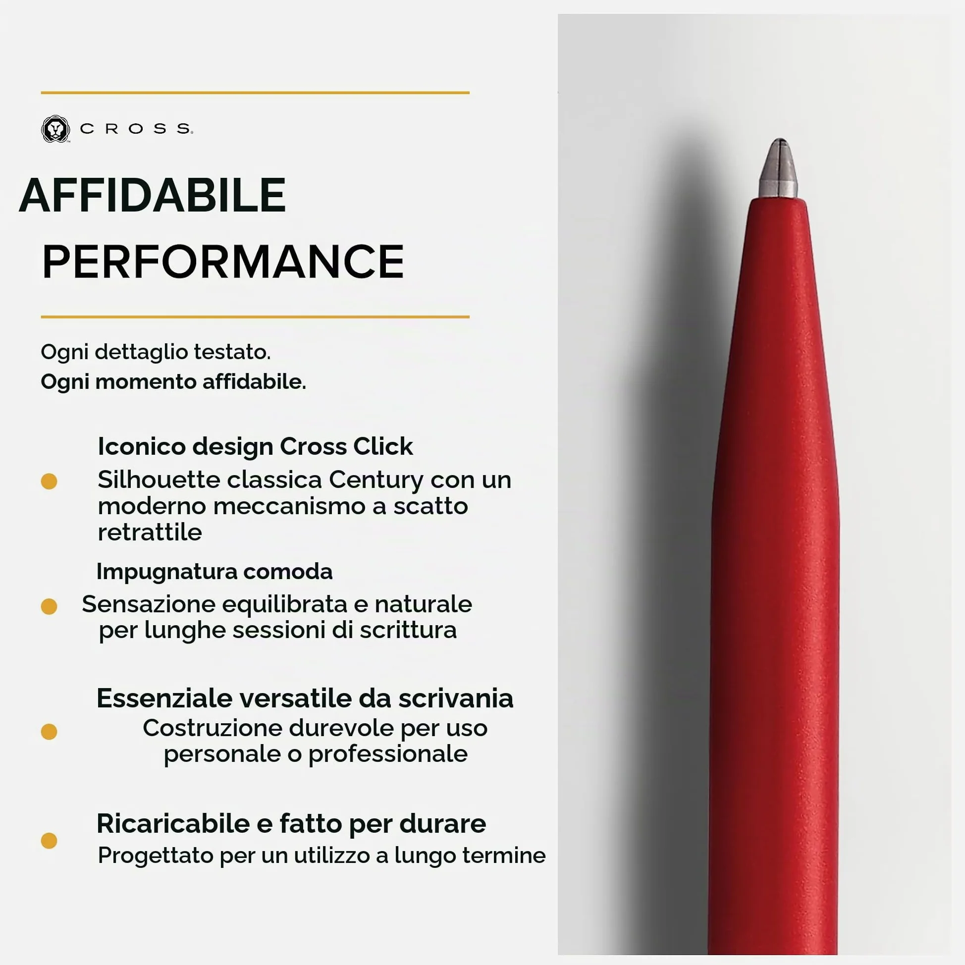 Cross Click penna roller a inchiostro gel non retrattile, Rosso Metalico