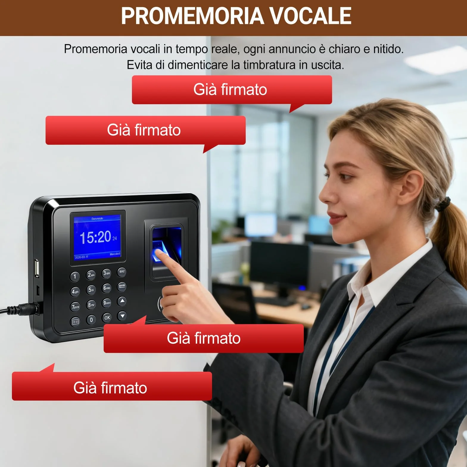 Orologio Marcatempo Biometrico per Piccole Imprese – 3-in-1: Lettore Impronte Digitali, Badge RFID (10 Inclusi), Codice PIN – Timbratrice Presenze Dipendenti senza WiFi, 0 Spese Mensili