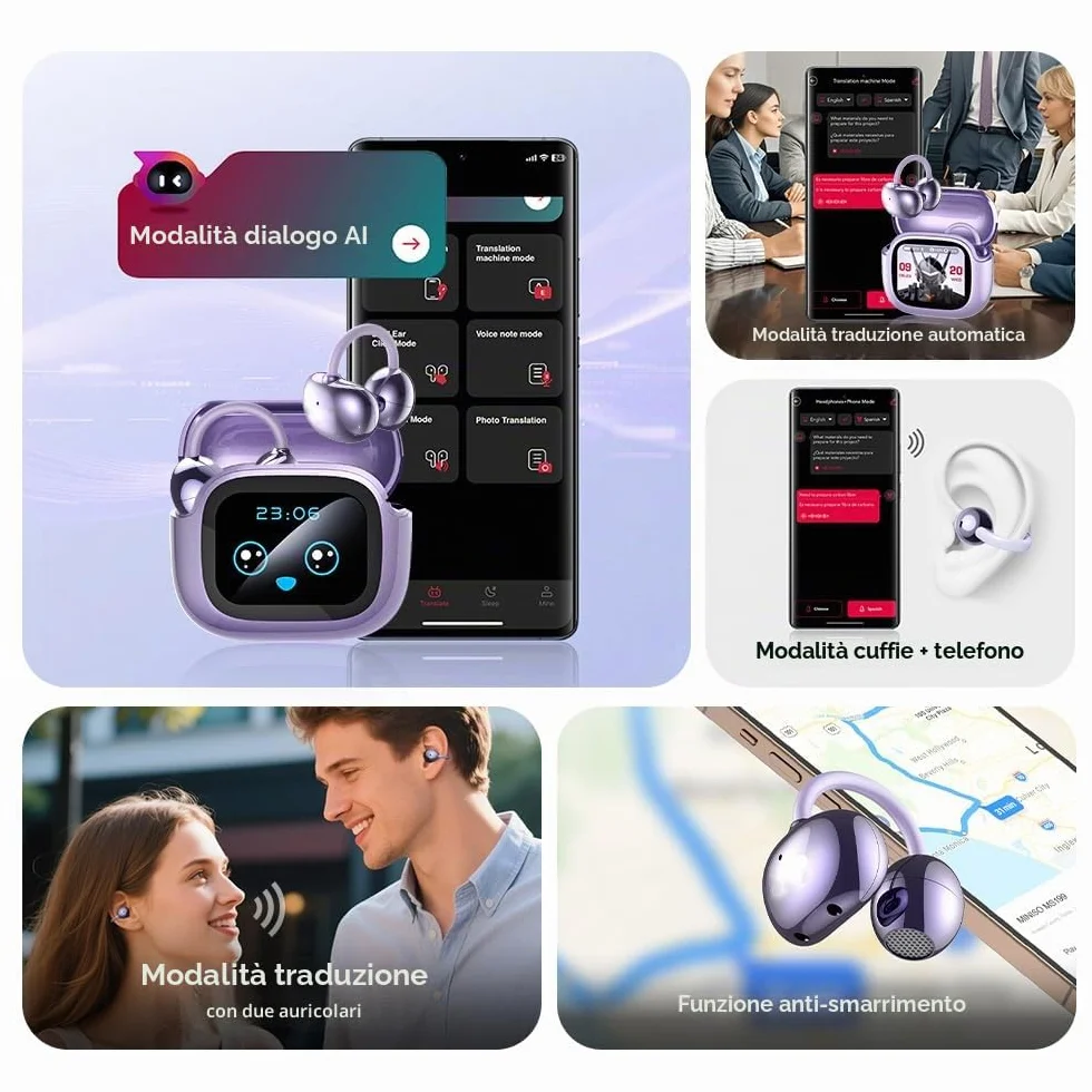 NE32 AI Cuffie Traduttore, Cuffie di Traduzione in Tempo Reale 3-in-1 136 Lingue con App, Veri Auricolari Traduttore Bluetooth Wireless, Cuffie Open Ear 40H per iOS e Android, Apprendimento, Viaggi
