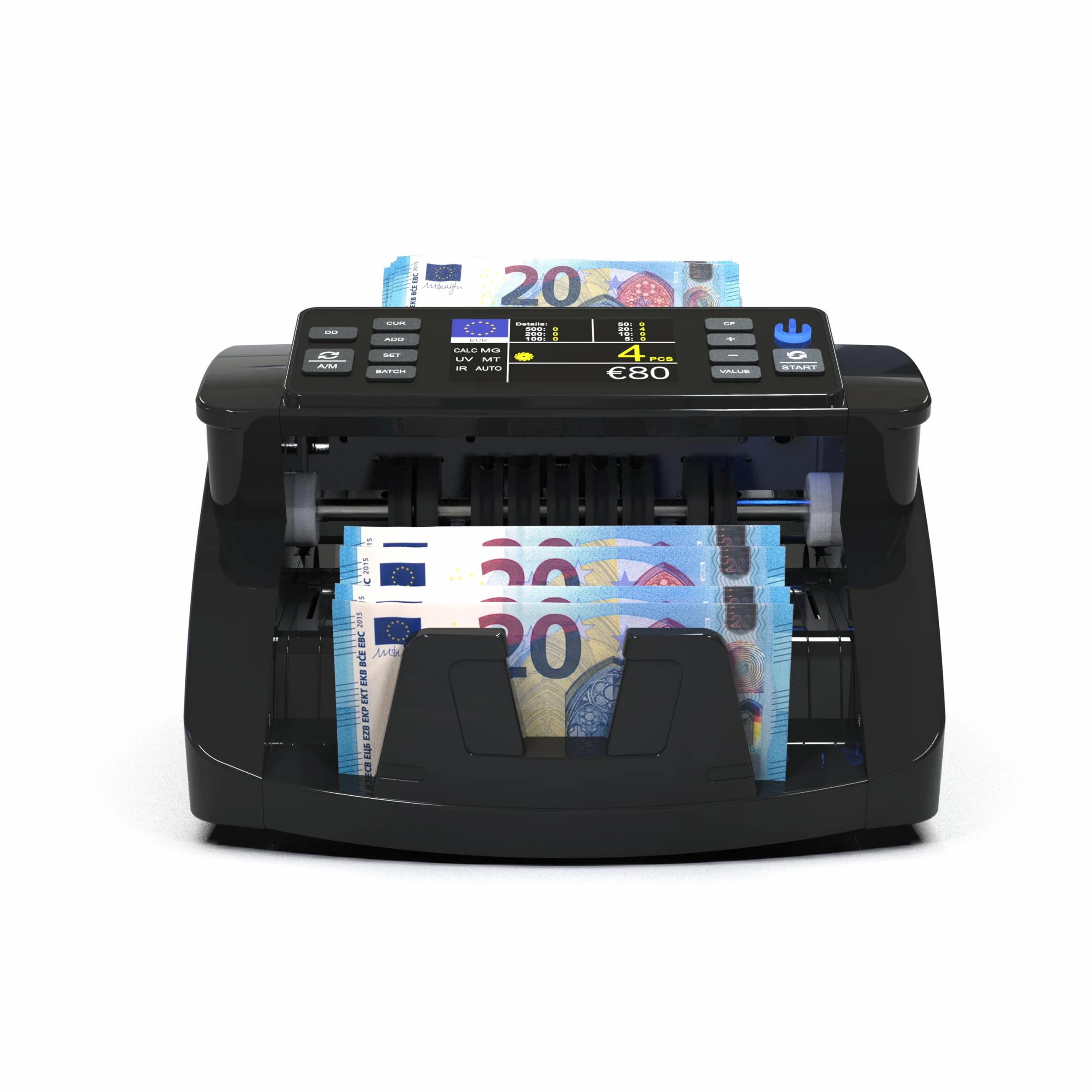 Detectalia V10 Macchina Conta Banconote con Rilevamento UV/MG/IR/MT/DD, Schermo TFT 3,5” + Display Esterno, Valore Totale, Lotto e Somma, 1000/Minuto, per EUR-GBP-CHF-USD-SEK-DKK-PLN-TRY-AED-SAR