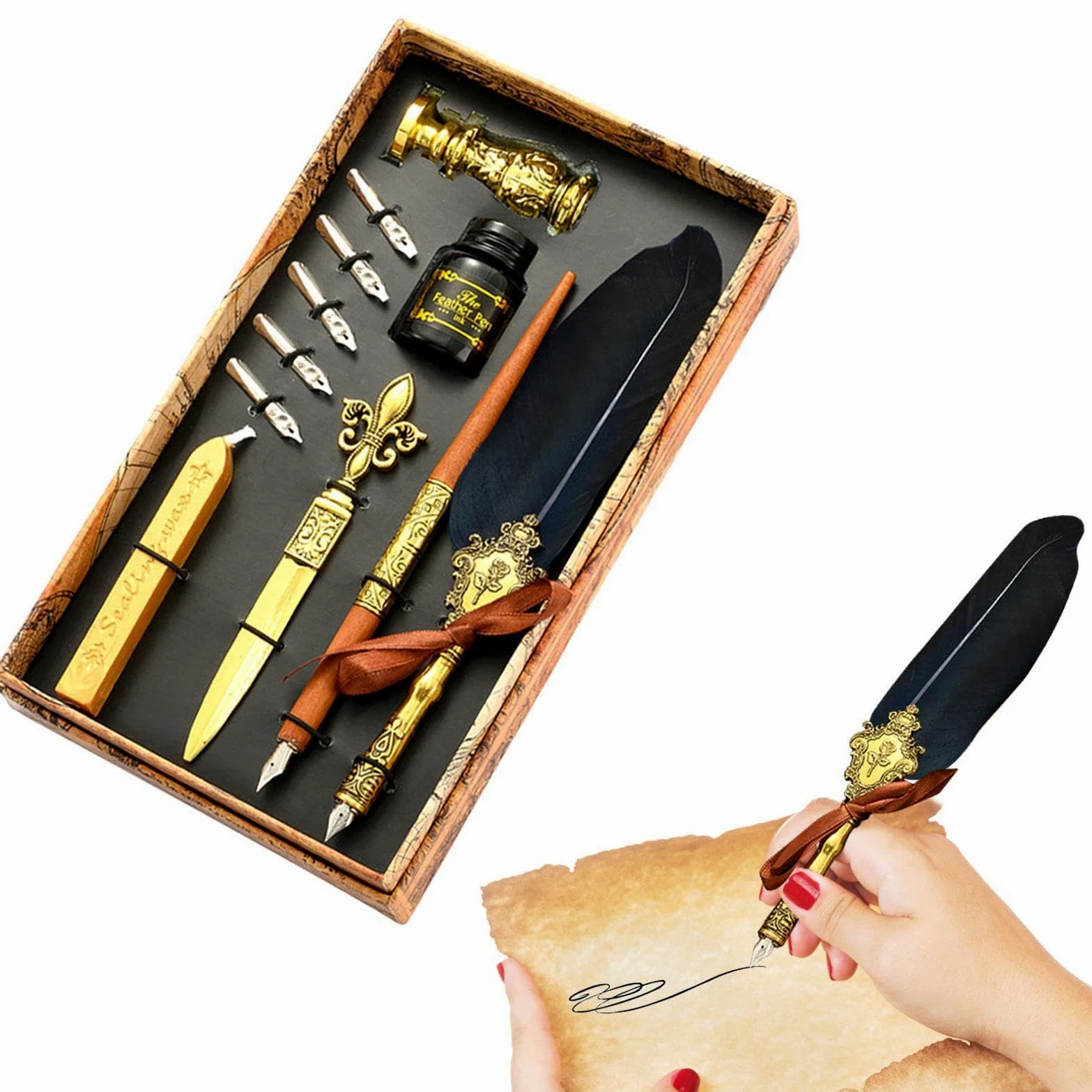 Set inchiostro penna d'oca | Kit penna a immersione calligrafia vintage | Set di inchiostri per per calligrafia piuma con pennini di ricambio, inchiostro, bastoncini per sigillo di , con sigillo