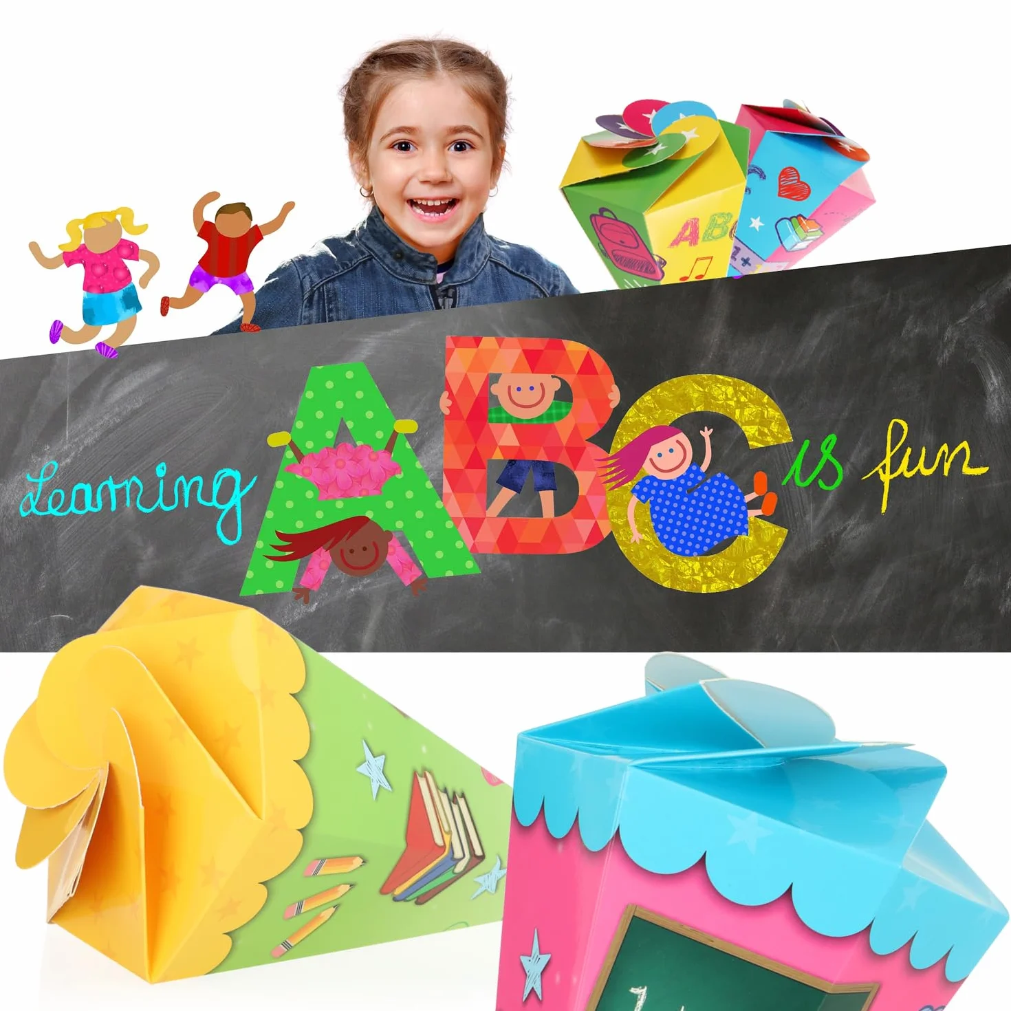 com-four® Mini Coni Scuola 30 cm – Coni in Cartone per Inizio Scuola (2 Giallo-Verde/Blu-Rosa)