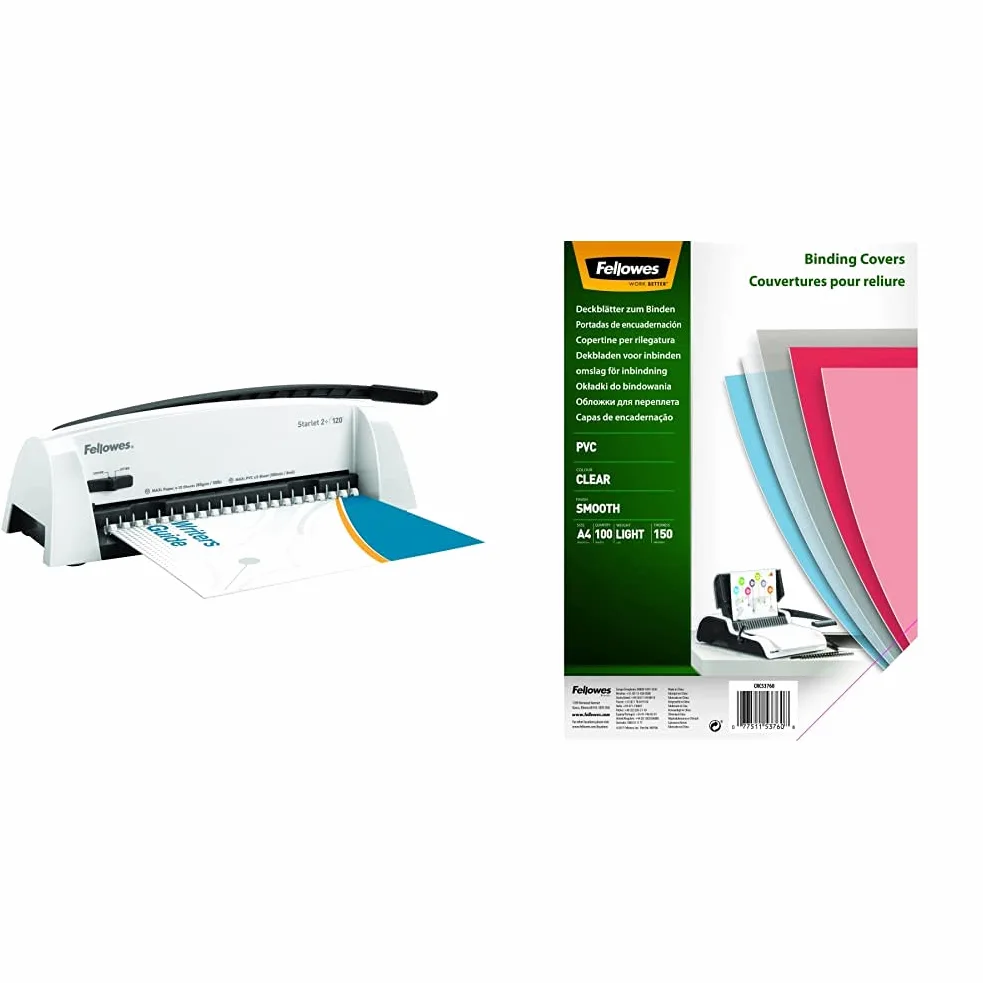 Fellowes 5227901 Rilegatrice Dorsi Starlet 2+, 12 Fogli & 5376001 Copertine per Rilegatura in PVC Trasparente, Formato A4, 150 Micron, Confezione da 100 Pezzi