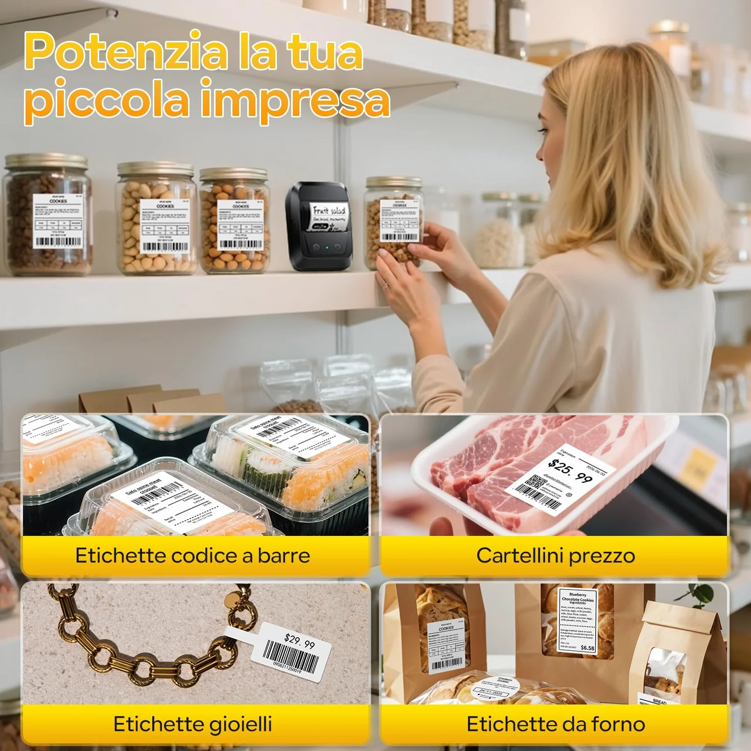 Memoking Etichettatrice Bluetooth con Etichette con 3 rotoli di etichette larghe,Stampante Etichette Adesive, Thermo Label Printer per codici a barre, logo, indirizzo, vendita al dettaglio, ufficio