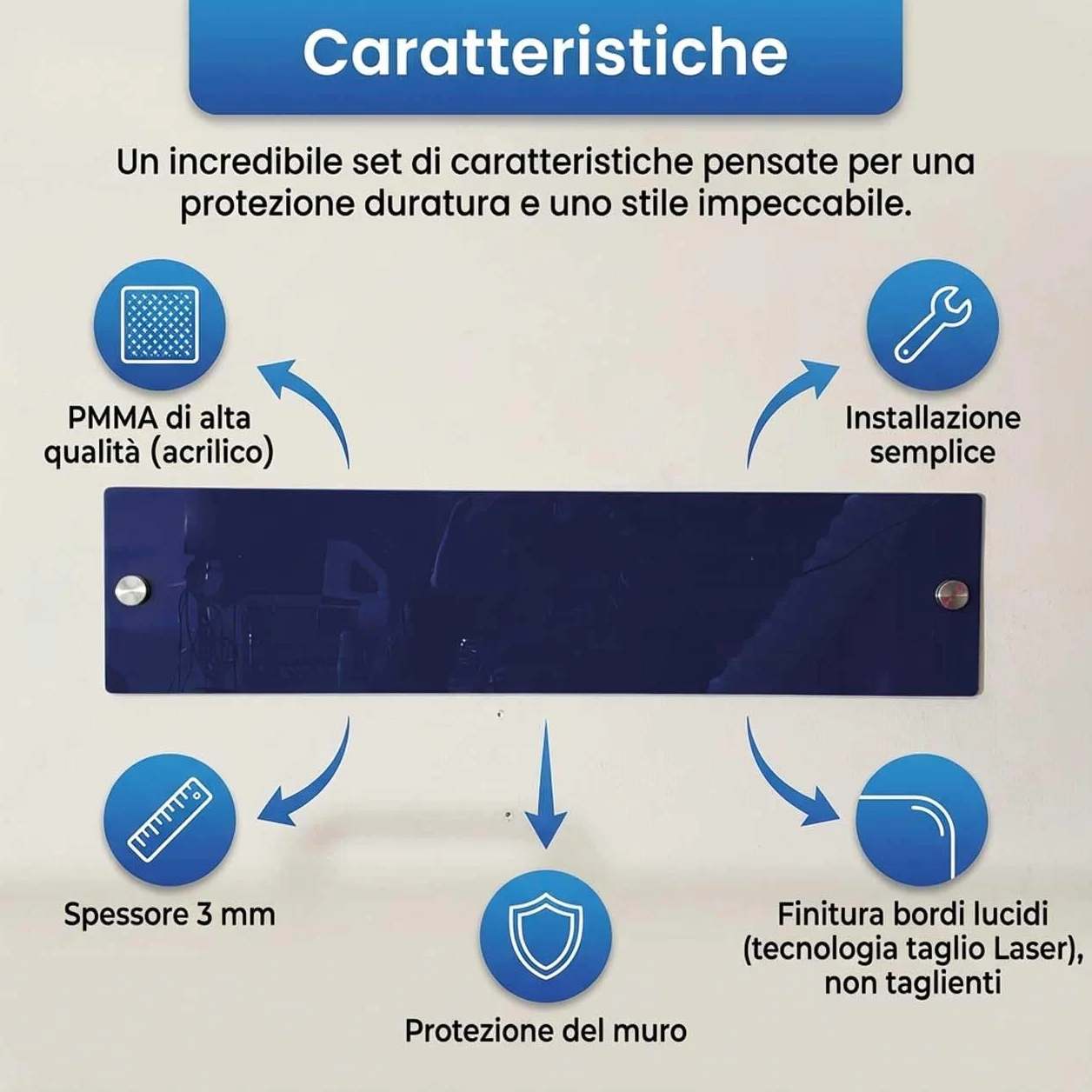 4 Fasce Battisedia Blu in Acrilico 60x14 cm – Protezione Muro Antigraffio per Sedia, Salvaparete Rigido 3 mm, Battisedia da Parete per Sedie Sale D'Attesa, Uffici e Casa (4, 60x14)