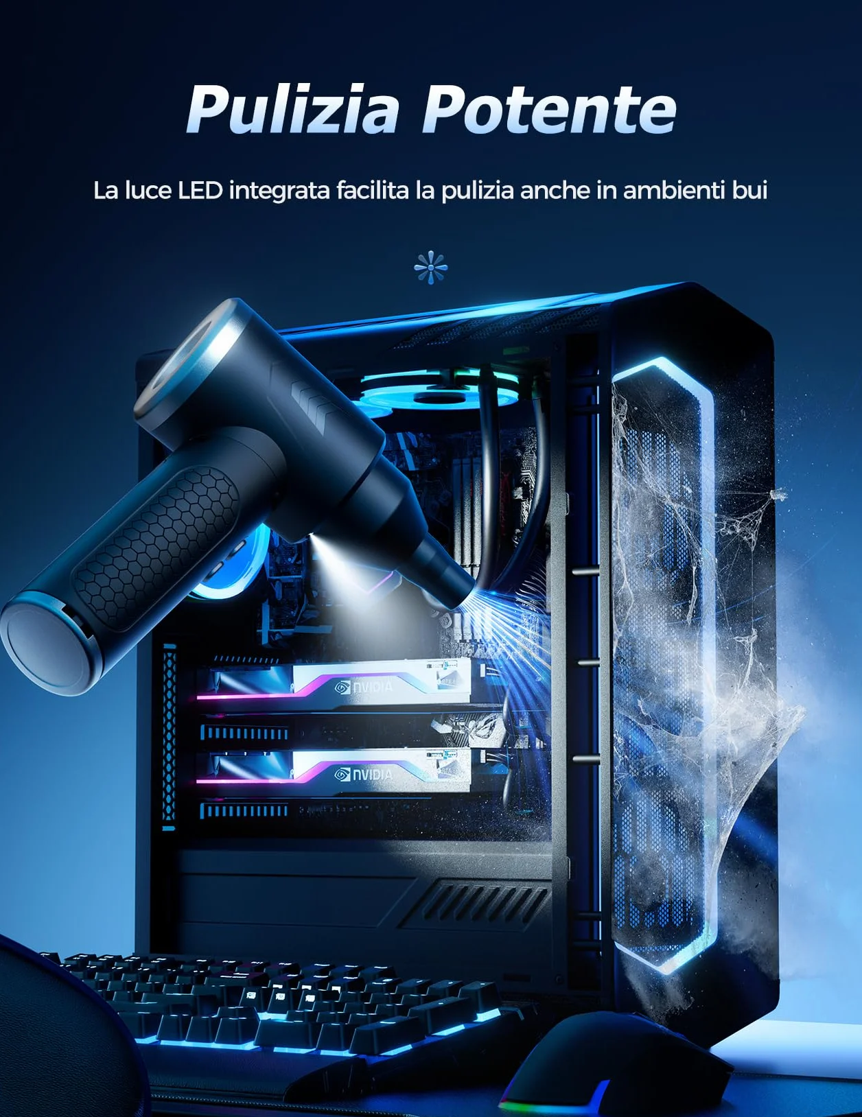 Aria Compressa Elettrico 3 Velocità con Luce LED, 100.000 Giri/Min, Batteria 9000 mAh, Kit Pulizia PC