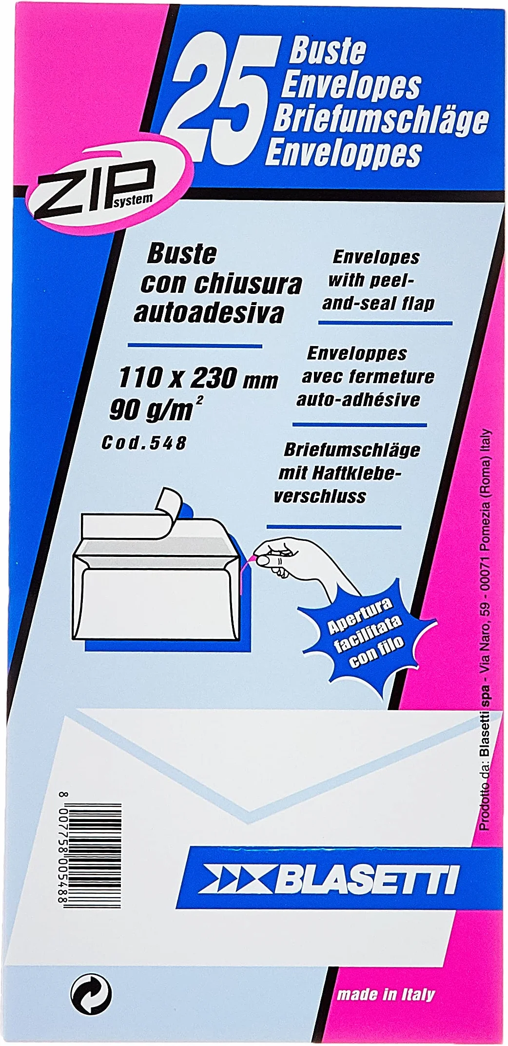 Buste Lettera Bianche Blasetti STRIP 90 FSC 11x23 cm Autoadesive Confezione 25 sacchetti Carta Bianco