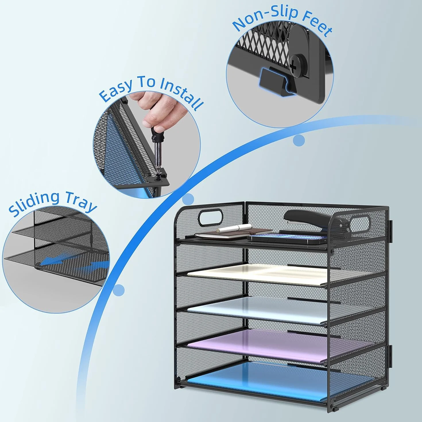 Organizzatore di Lettere e File Mesh Desk, Smistatore di Carta per il Titolare della Cartella di File di Office Letter (Nero-5 Tray)