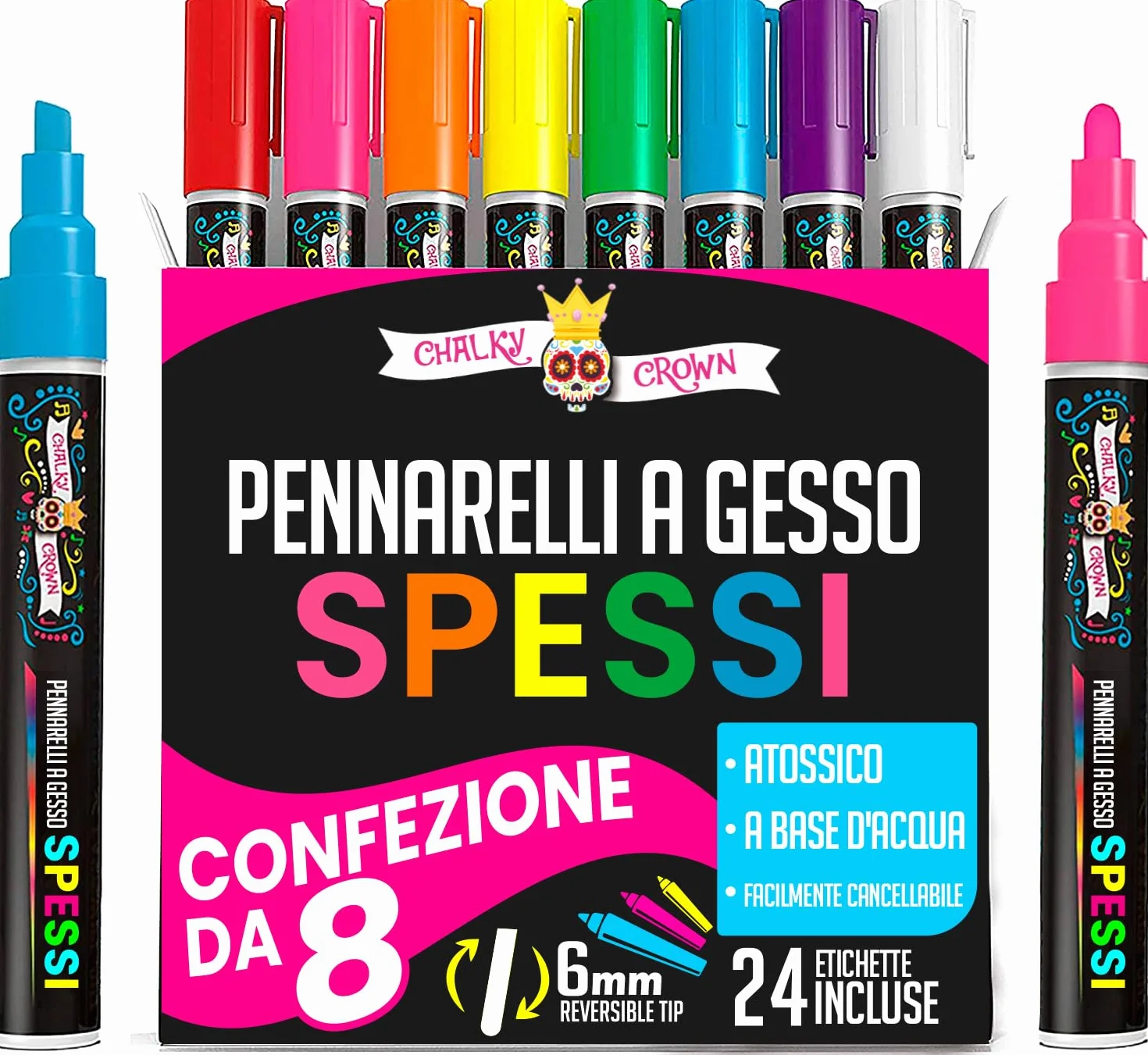 Pennarello Lavagna Cancellabili Punta Grossa 6 mm 8 Pezzi - Colori Intensi Punta Reversibile - Chalky Crown