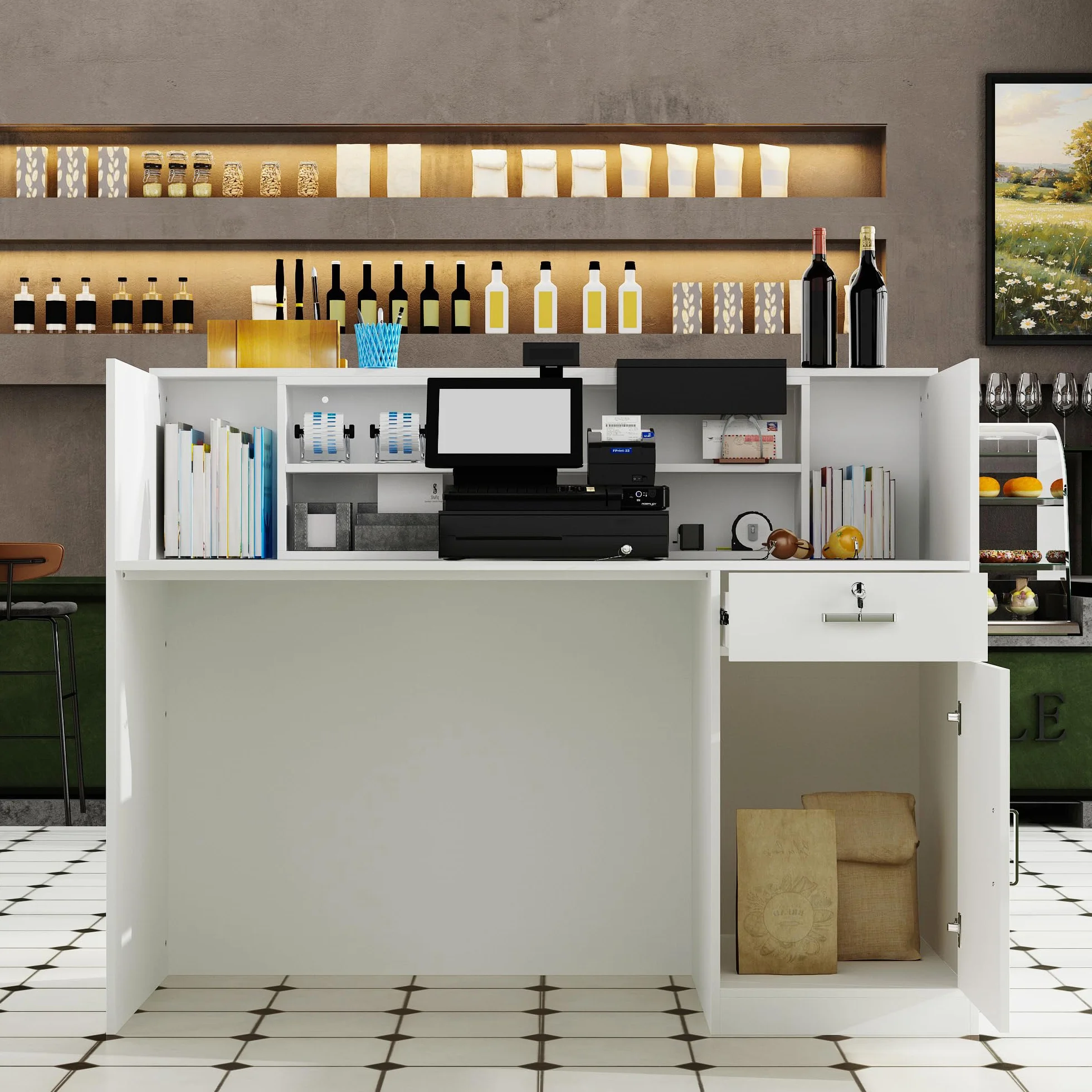 Banco di reception, banchi di reception, banchi di ricevimento, bancone con cassetti e armadi chiudibili, bancone con ripiani aperti regolabili, 140 x 60 x 110 cm, MDF