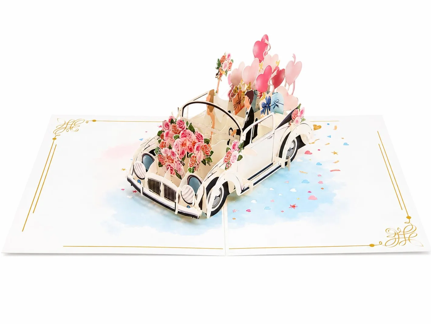 Biglietto di auguri pop-up 3D per matrimonio – Auto con sposi e palloncini – 13 x 18 cm con busta