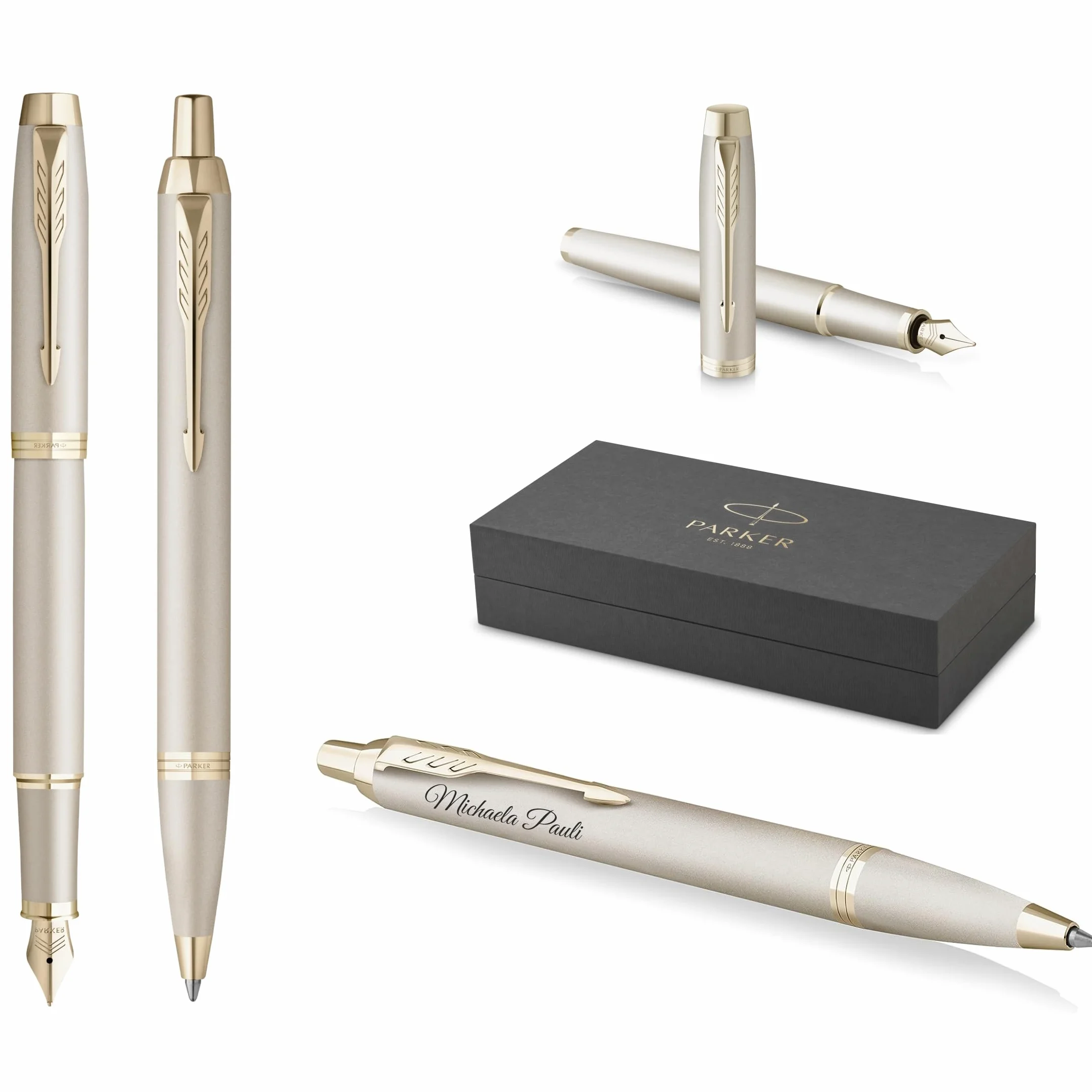 Parker IM Professionals - Set di penne e penne stilografiche monocromatiche con incisione, penna premium | confezione regalo | Pantrone blu | personalizzato | compleanno (champagne)