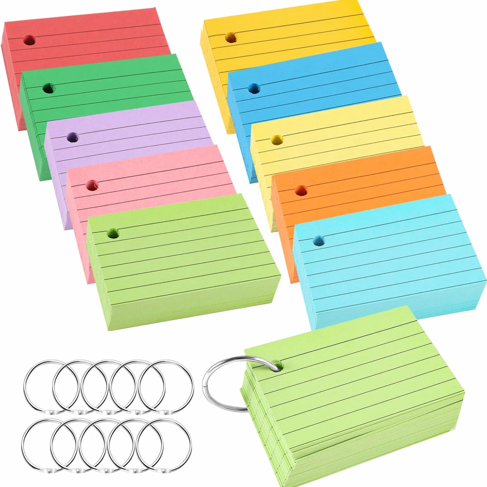 Yoosso 600 Pezzi Flash Card A8 7,4 x 5,1 cm Cartoncino a Righe Schede Indice con Anelli per Scuola Ufficio Studio