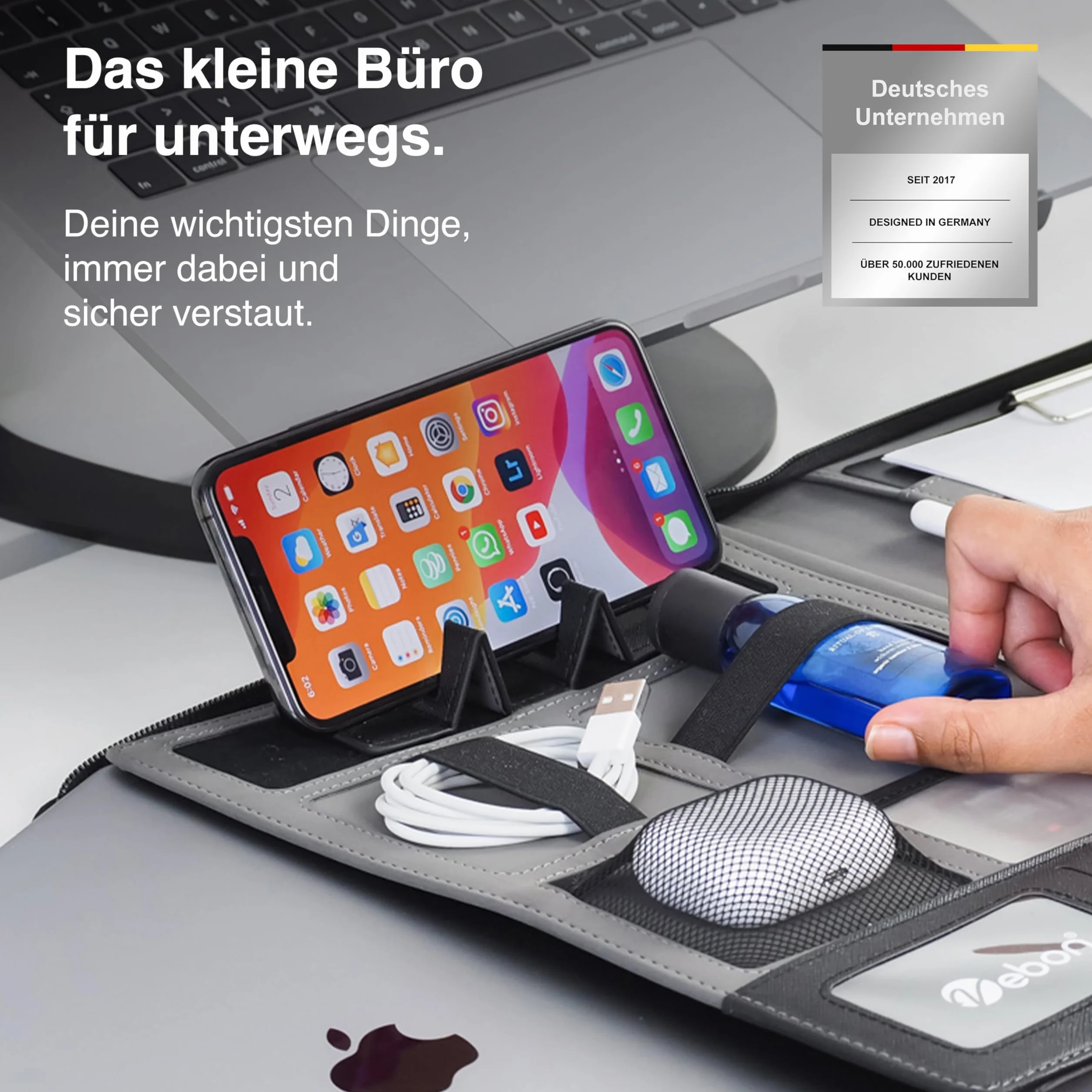 Vebon Cartella per conferenze A4 London pelle vegana chiusura lampo portadocumenti custodia laptop 2in1 blu zaffiro