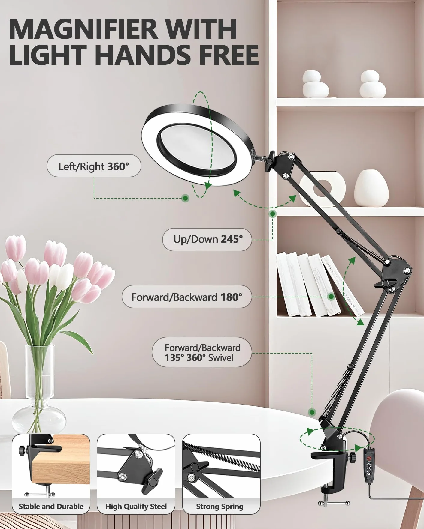 TANYO 10X Lampada con Lente di Ingrandimento, 72 LED, 3 Colori 10 Livelli Luminosità