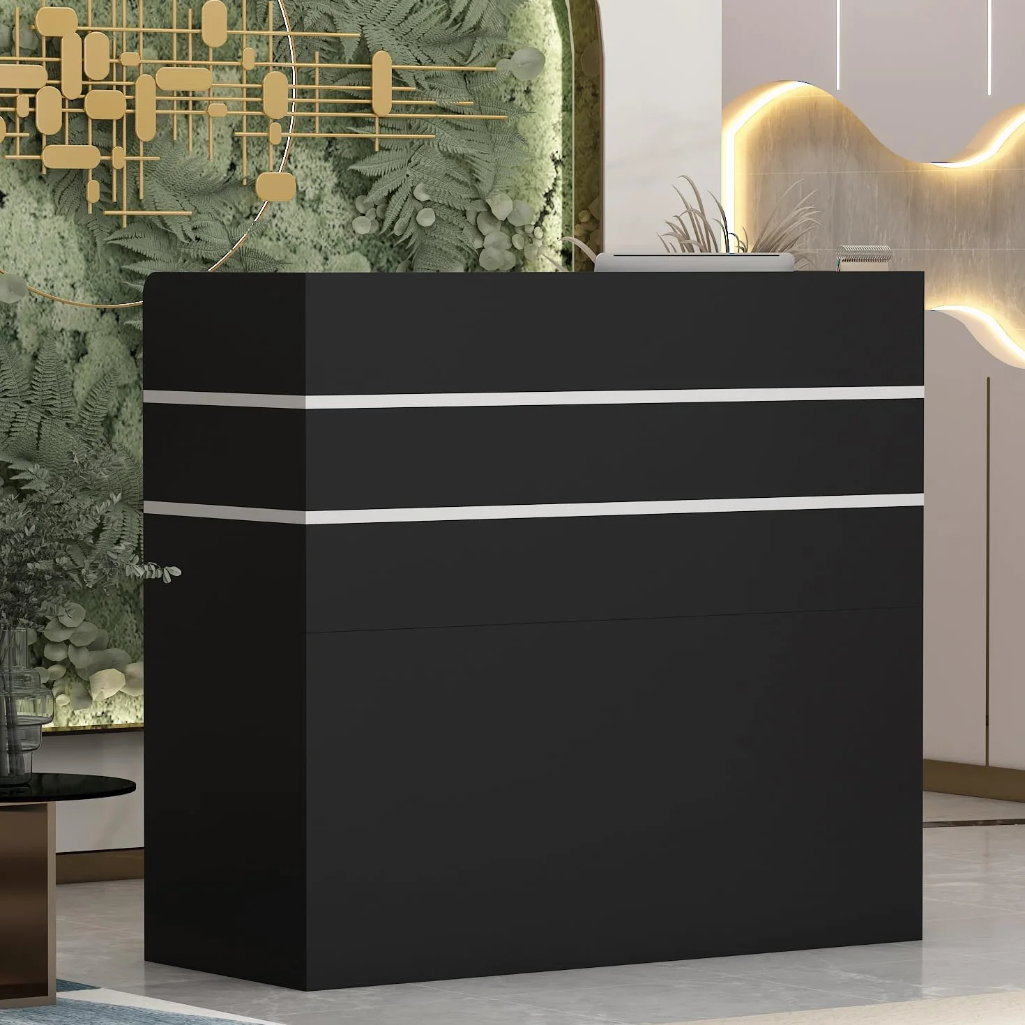 Banco e reception mobili da ufficio con 3 cassetti e 1 armadio, 110 x 120 x 48 cm, nero