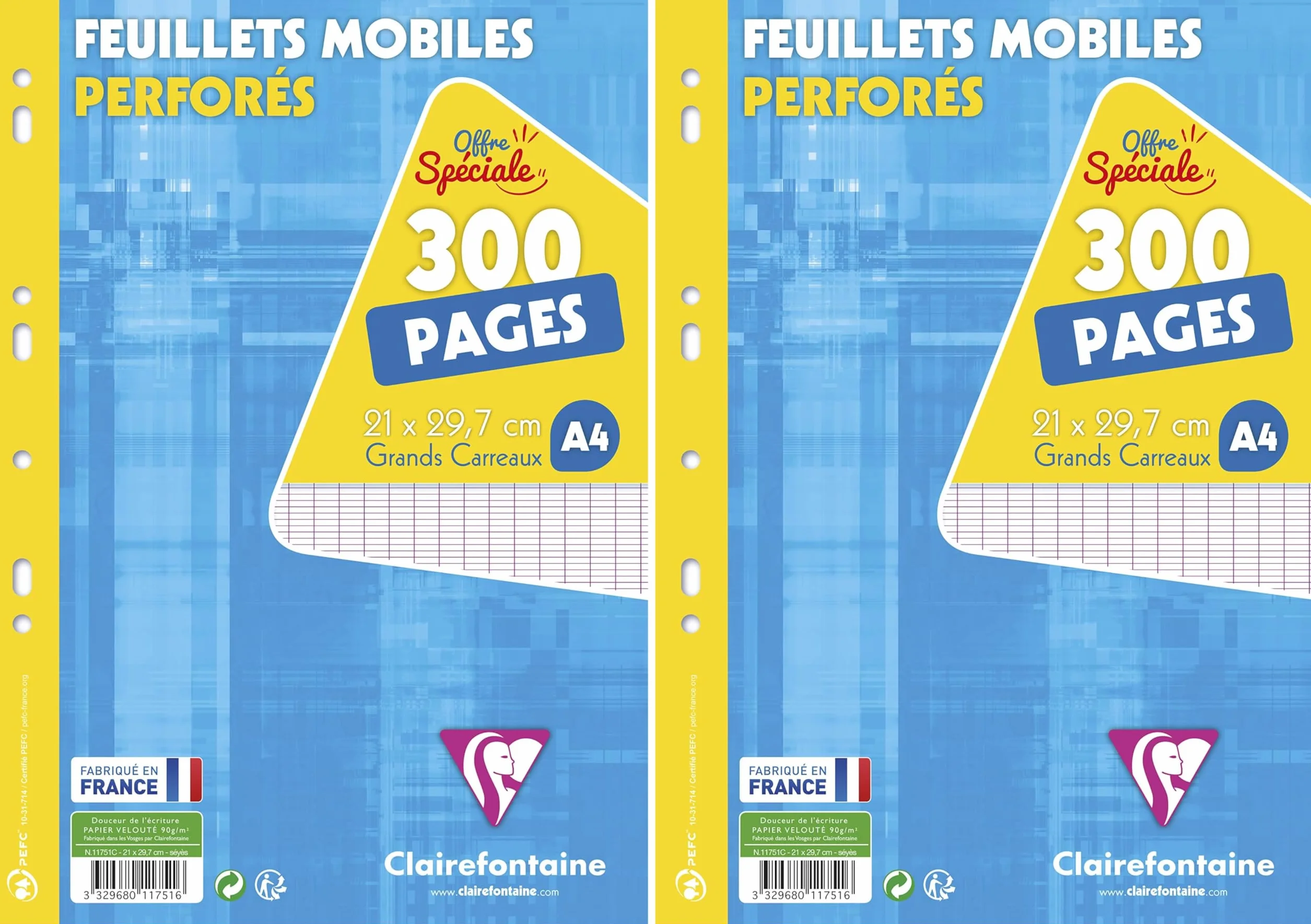 Clairefontaine 11751C Fogli Mobili da Disegno Forati A4 21x29,7 cm 300 Pagine Quadretti Grandi Carta Bianca 90 g Confezione da 2