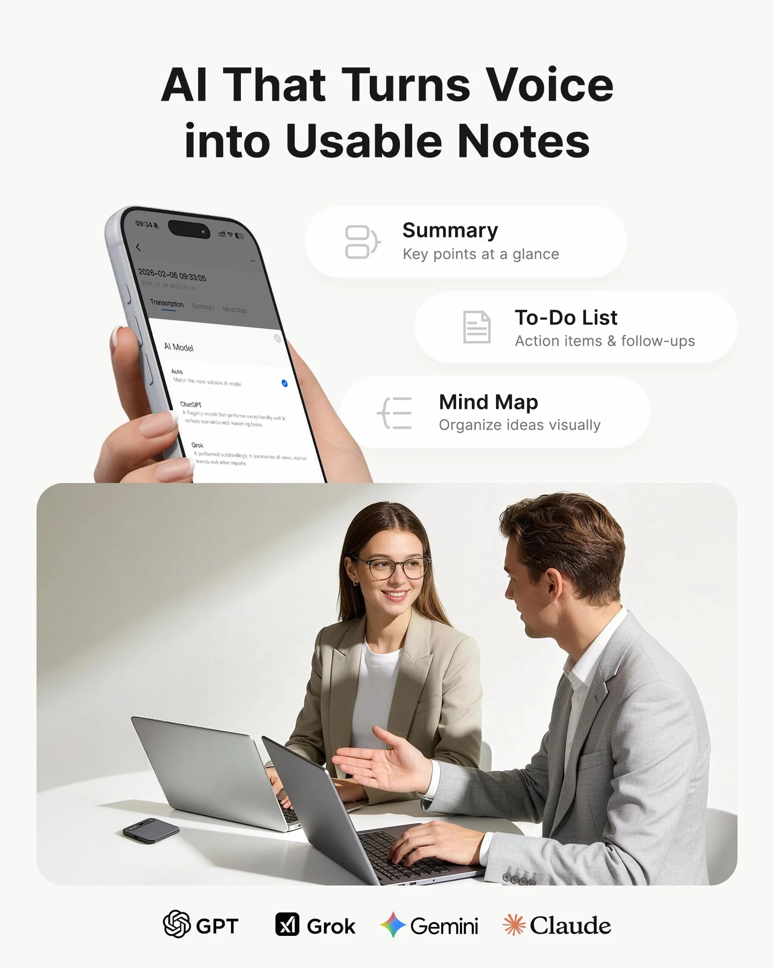 BOYA Notra Registratore Vocale AI con Trascrizione Automatica in 145 Lingue Sommari Intelligenti, Supporto per Registrazione Ambientale, Chiamate, Cuffie Bluetooth, Ideale per Appunti Riunioni, Nero